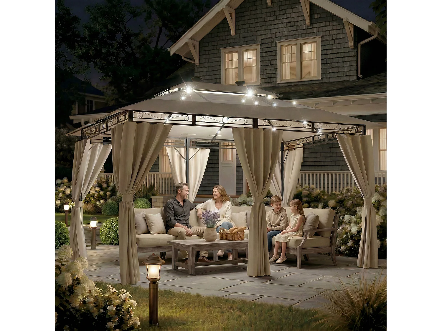 DEVOKE Tonnelle de jardin beige 3×4 m avec éclairage LED, tonnelle imperméable de luxe, tonnelle de jardin extérieure, structure en métal, pour 6 à 8 personnes.