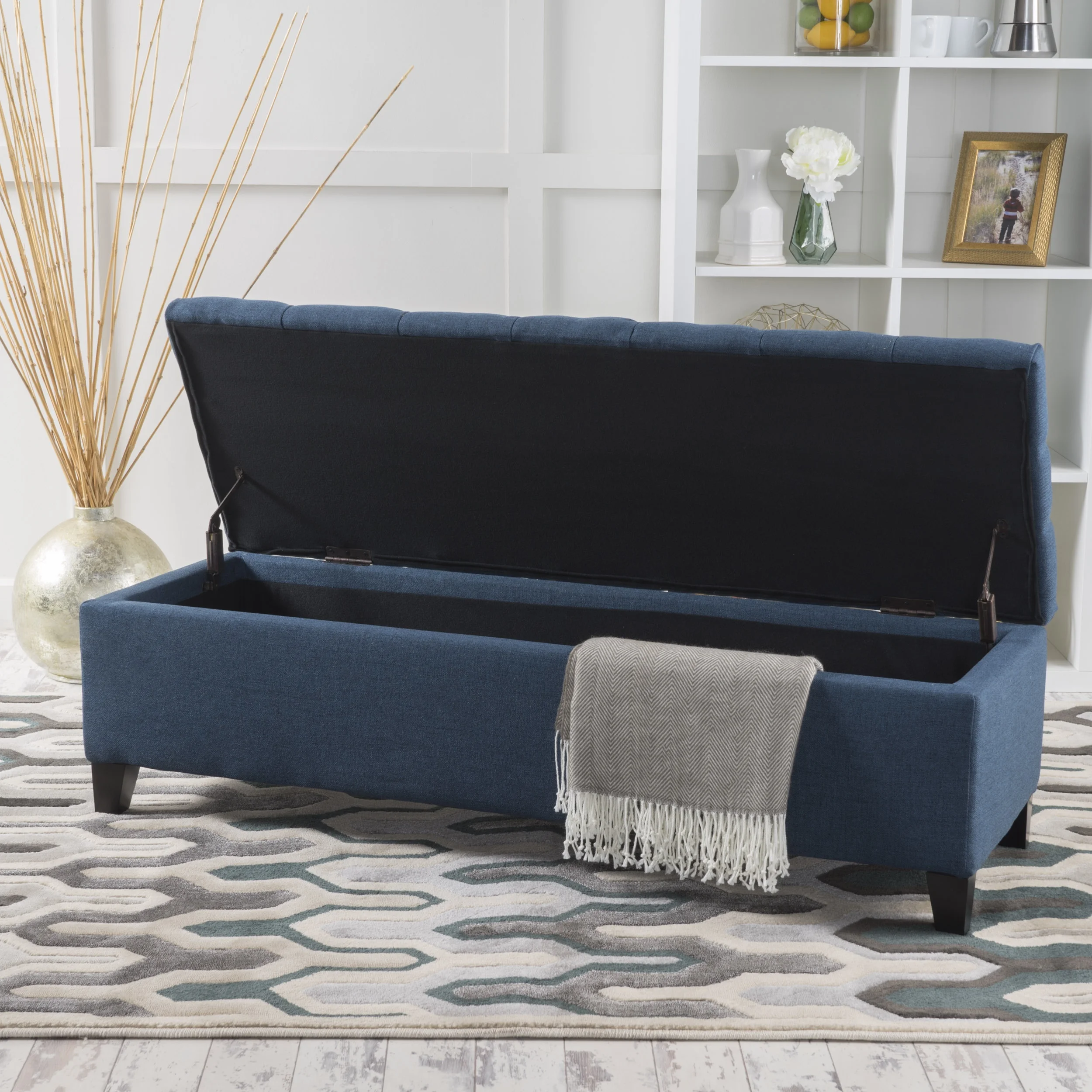 Noble House Hampton Contemporary Fabric Upholstered Storage Ottoman, White and Blue Floral - Image 34