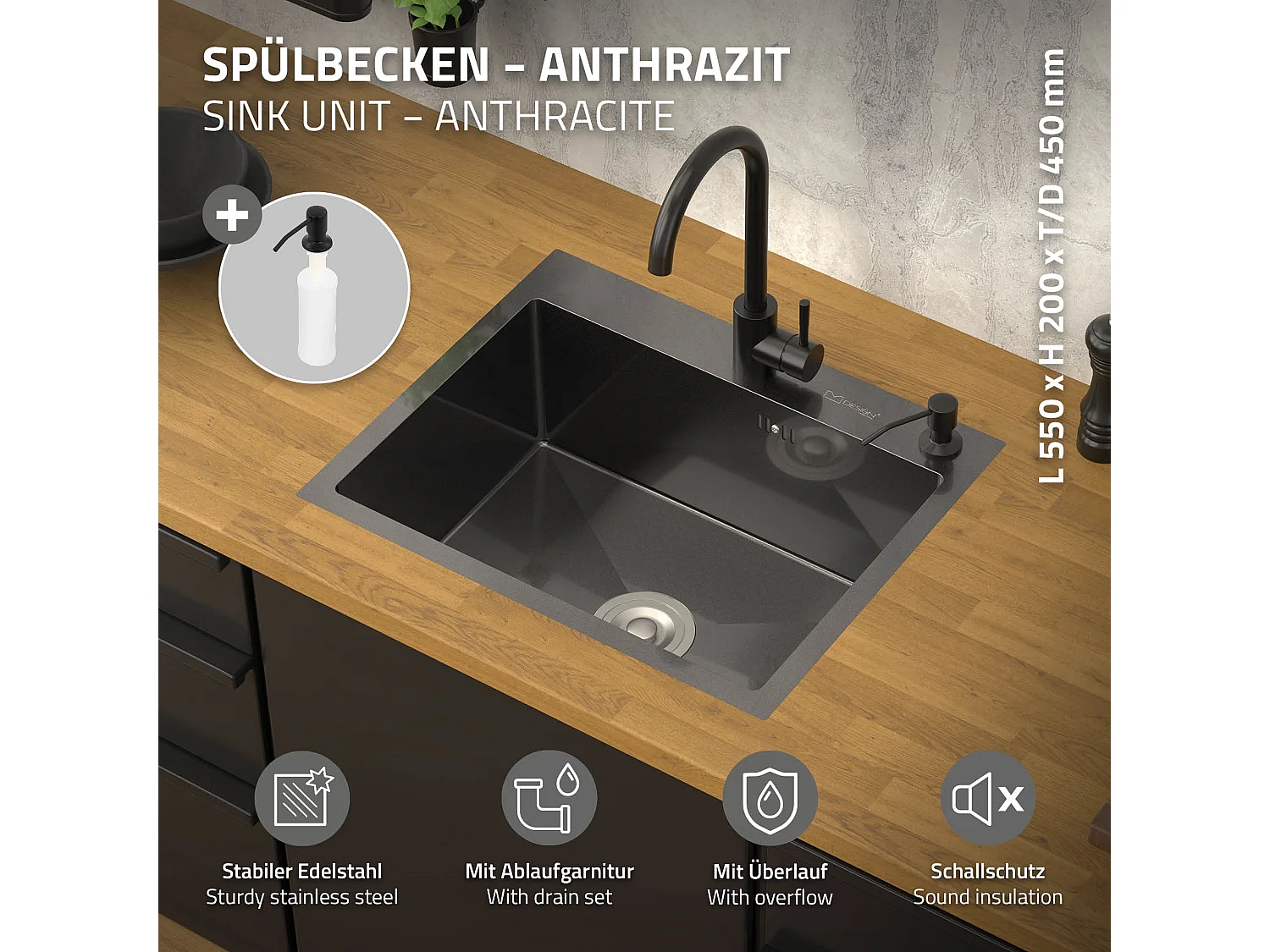 Évier de cuisine à encastrer acier anthracite 55x45 cm vidage+distributeur savon