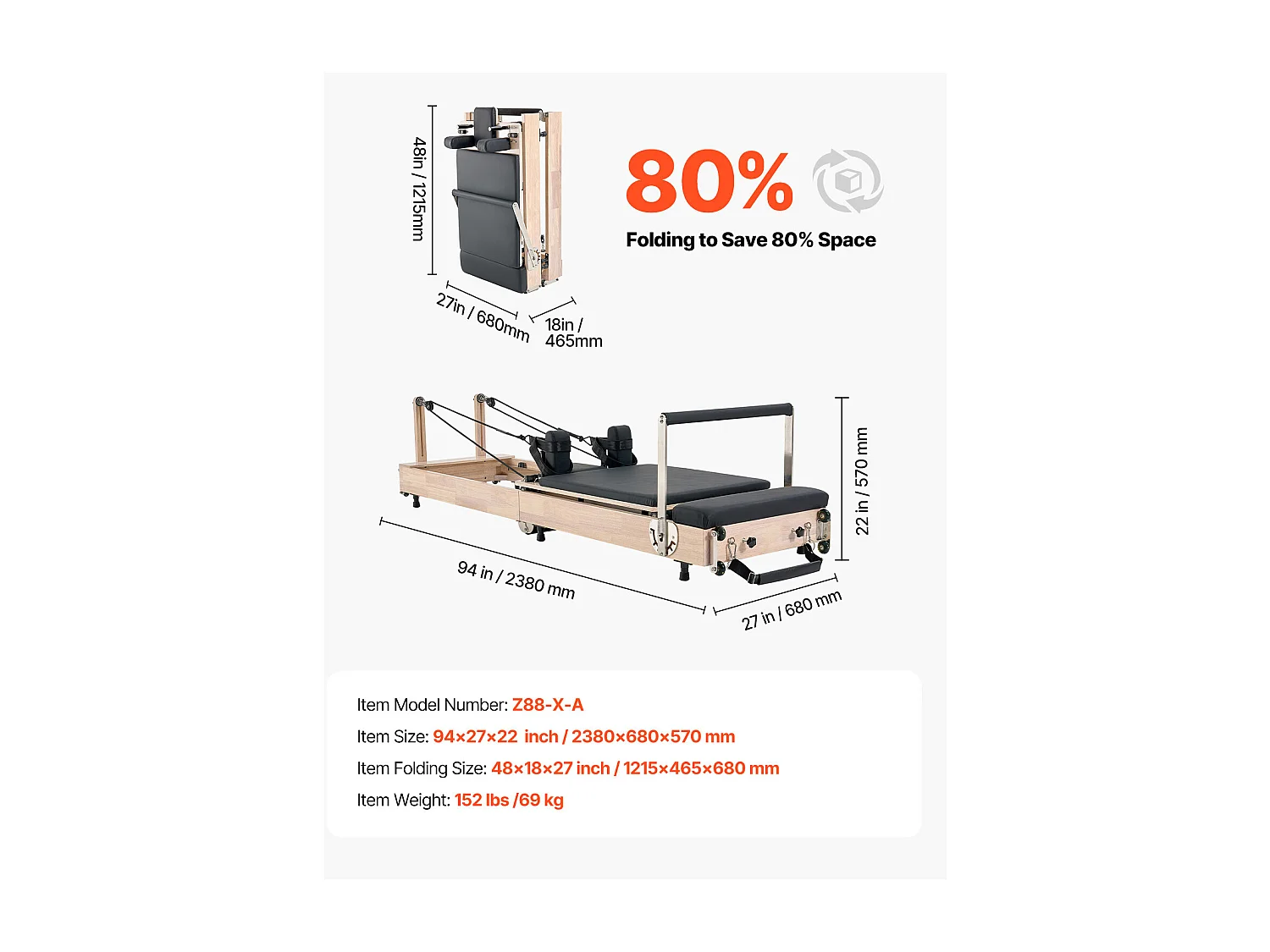 Machine de Pilates SucceBuy Réformateur Pilates Pliable en Bois Machine d'Entraînement de Yoga Gym