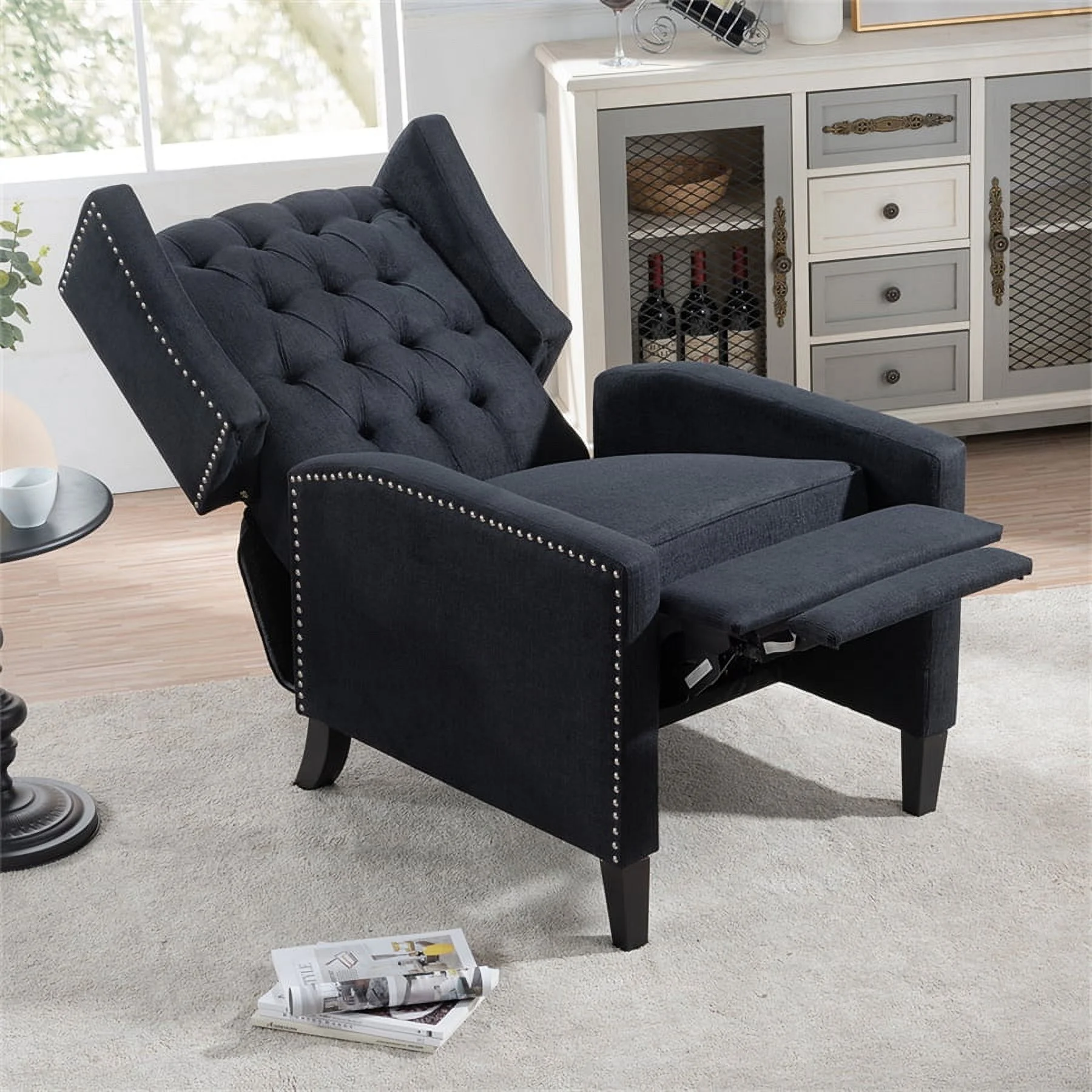 Triple Tree Modern Fabric Foam Wood Solid Print Nailhead Trim Accent Chair, Beige - Image 11