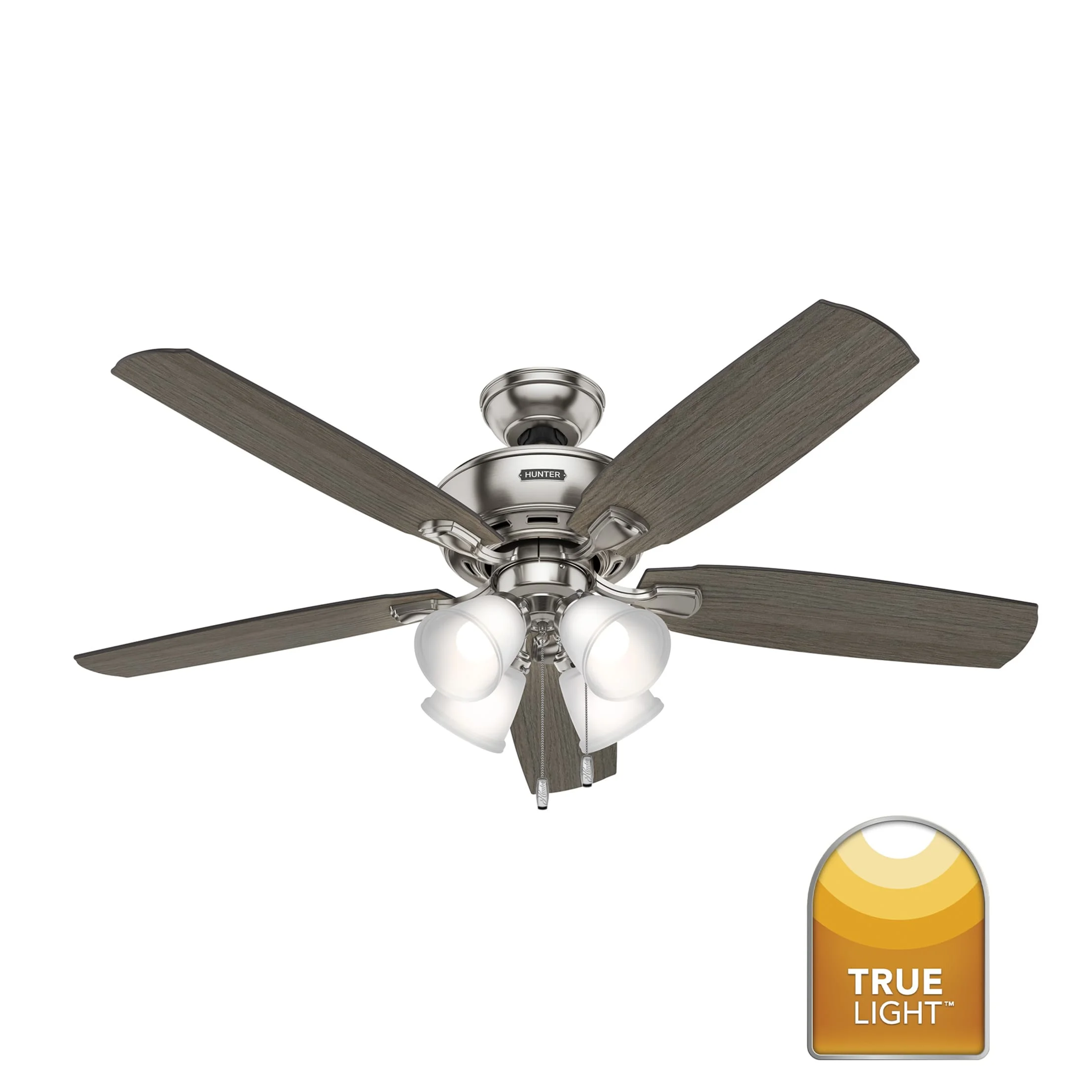 Hunter - Amberlin Indoor Ceiling Fan With Light, 52-inch, Brushed Nickel, Casual-style, 3-speed WhisperWind Motor, 53216, for Living Rooms, Bedrooms