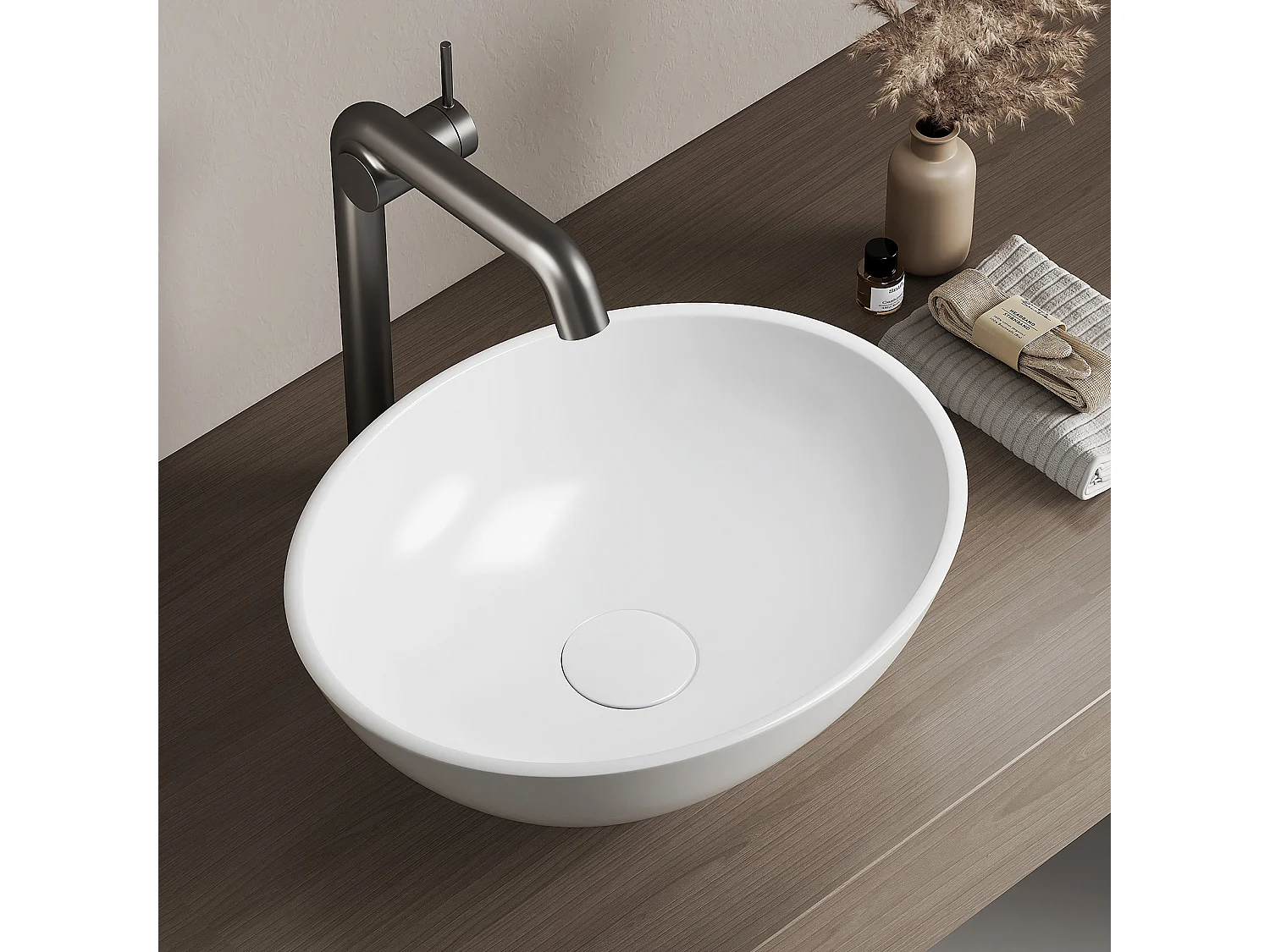EMKE Vasque à Poser en céramique 41,5×33,5×13cm, Lavabo salle de bain Ovale, Lavabo à poser blanc brillant