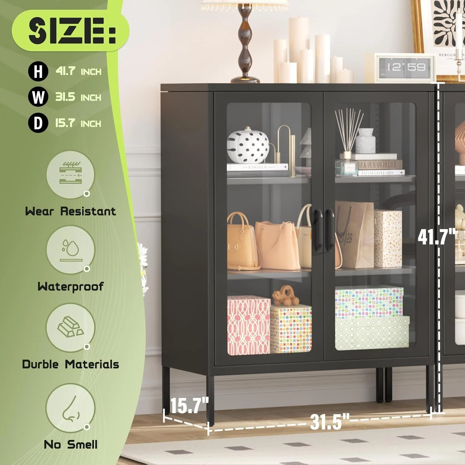 SUNCROWN Metal Storage Cabinet, Curio Display Cabinet with 2 Glass Display Door and 4 Shelves, Side Storage Organize, Modern Bookshelf Cabinet for livingroom, Bedroom, Kitchen, Black - Image 26