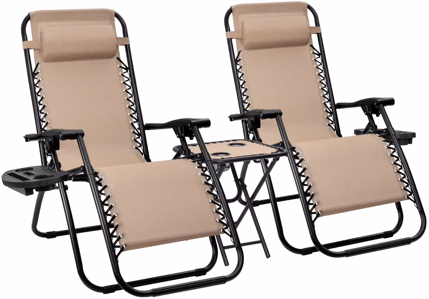 Vineego 3 Pieces Zero Gravity Chair Patio Foldable Chaise Lounge Chairs 2 Beach Chairs and Table with Cup Holders,Beige