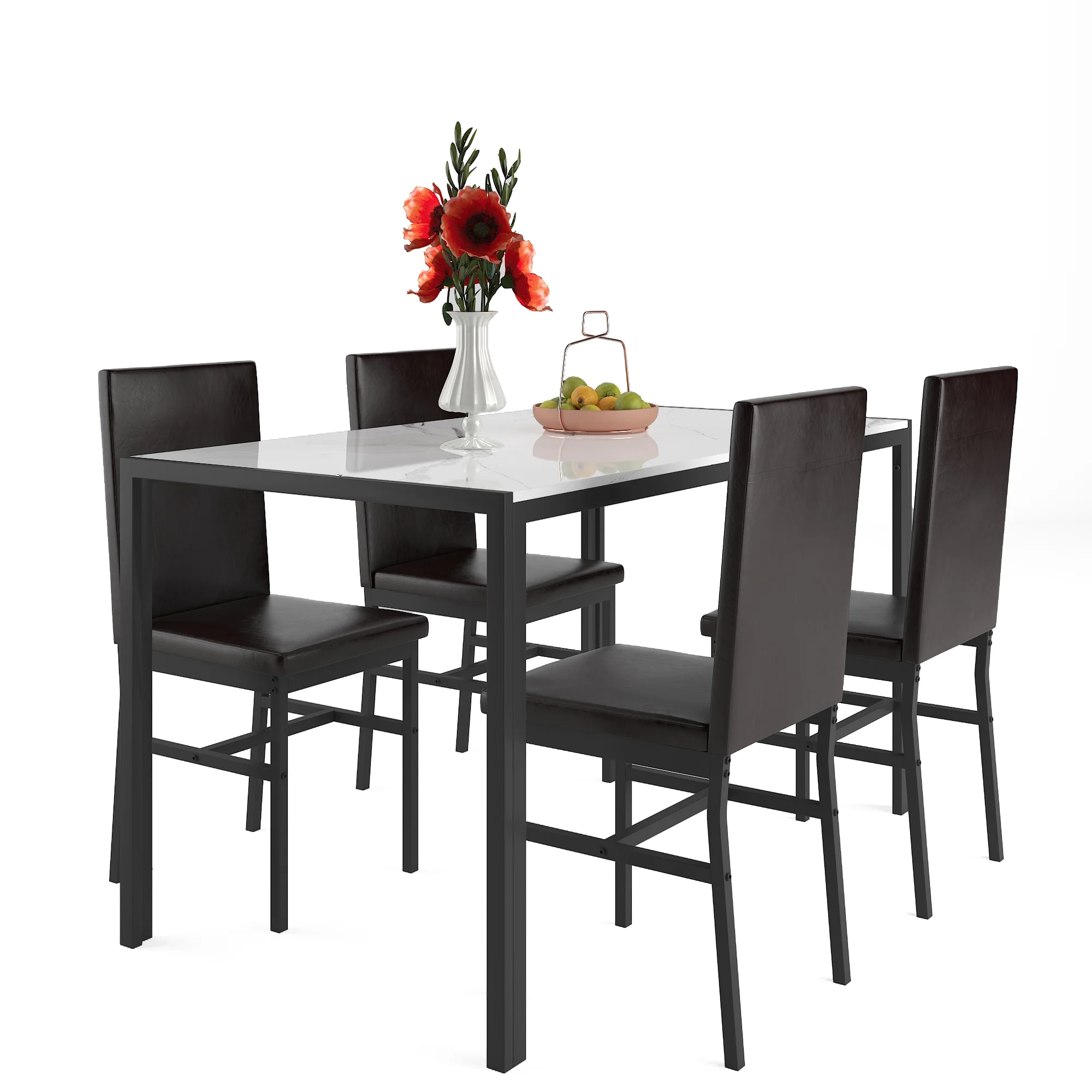 5 Piece Dining Set, Modern Dining Table and Chairs Set for 4, Counter Height Bar Table Set, Modern Pub Table with 4 Velvet Fabric Cushioned Stools, Faux Marble Dining Table & Stools Set, D9297 - Image 18