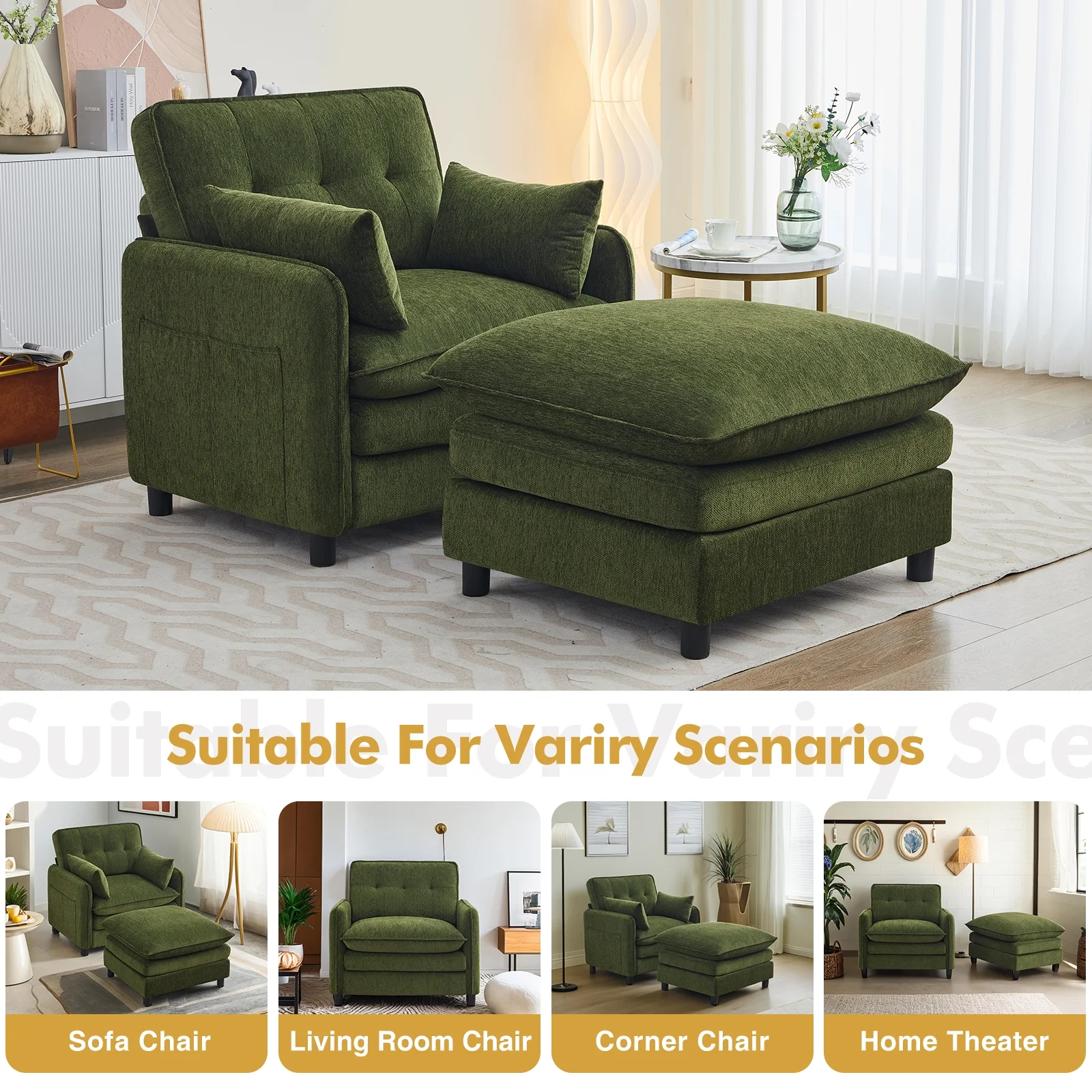 Aemeios Upholstered Chenille OversizedAccent Armchairs with Ottoman and Side Pocket, Cream - Image 13