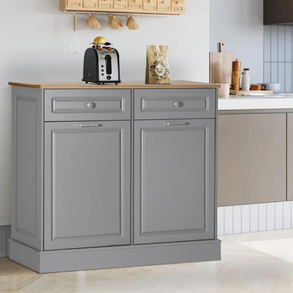 Eclife 20 Gallons Double Tilt Out Trash Cabinet Wood Tabletop, Upgrade Gray, WB010GY - Image 15