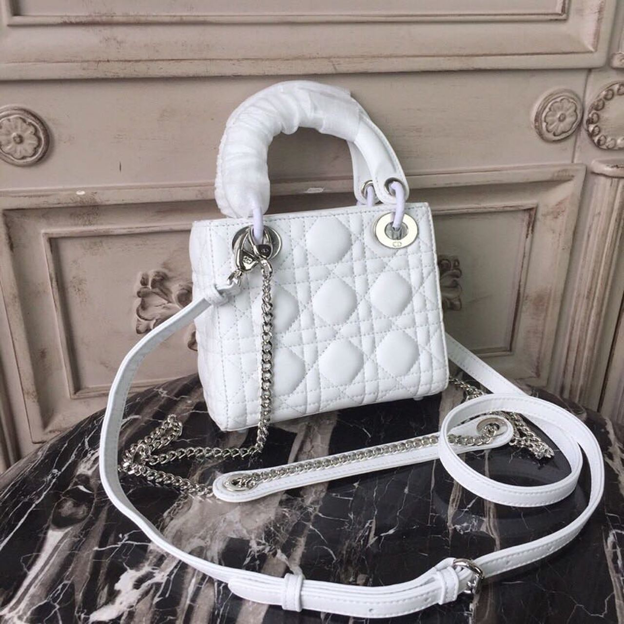 Christian Dior Mini Lady Dior Bag White Chain Silver Hardware For Women 17cm/6.5in CD1:1High-quality replica
