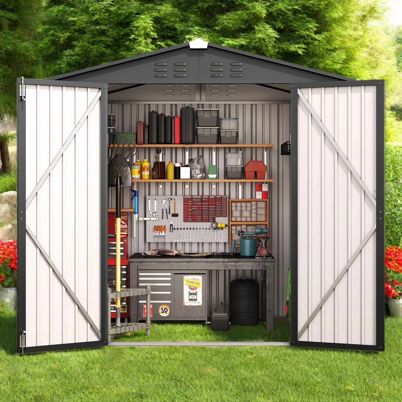 6x4FT Metal Outdoor Storage Shed, Garden Tool Shed with Lockable Doors & Slooping Roof for Backyard,Patio,Dark Grey - Image 6