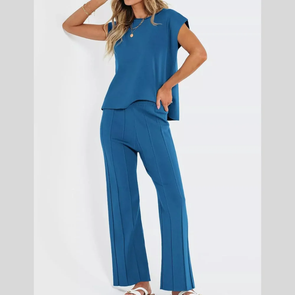 Casual Solid Color Cap Sleeve Top and Pants Knit Set - ZKZOOK