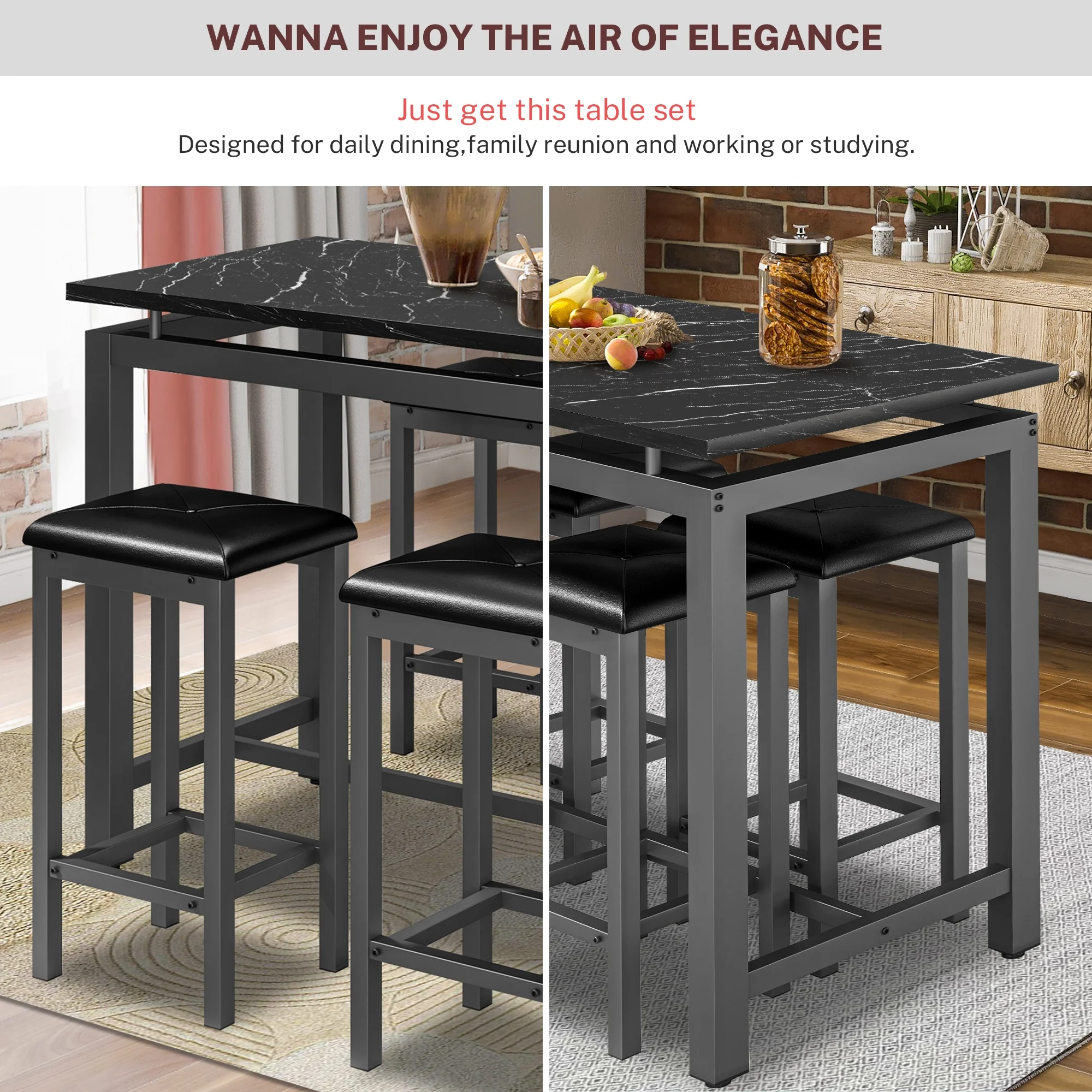 5 Piece Dining Set, Modern Dining Table and Chairs Set for 4, Counter Height Bar Table Set, Modern Pub Table with 4 Velvet Fabric Cushioned Stools, Faux Marble Dining Table & Stools Set, D9297 - Image 32