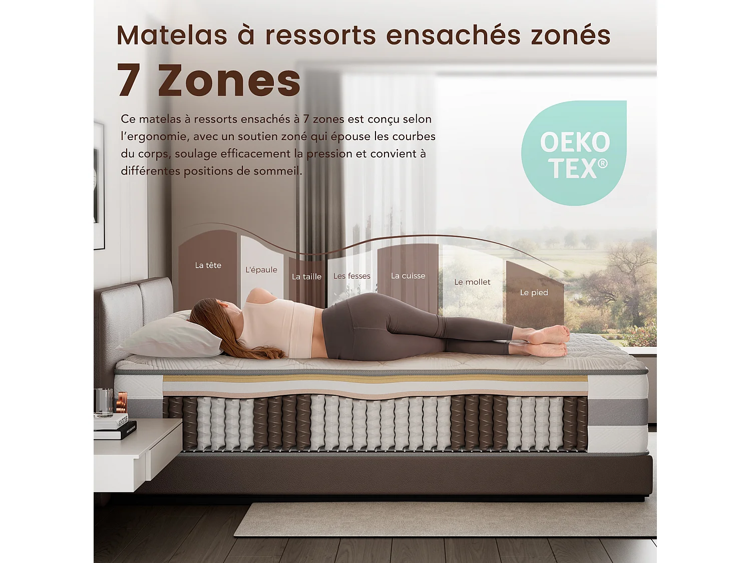 Matelas 120 x 200 cm ressorts ensachés 7 zones, soutien ferme H3, mousse confort ép. 25 cm - HOMAVO