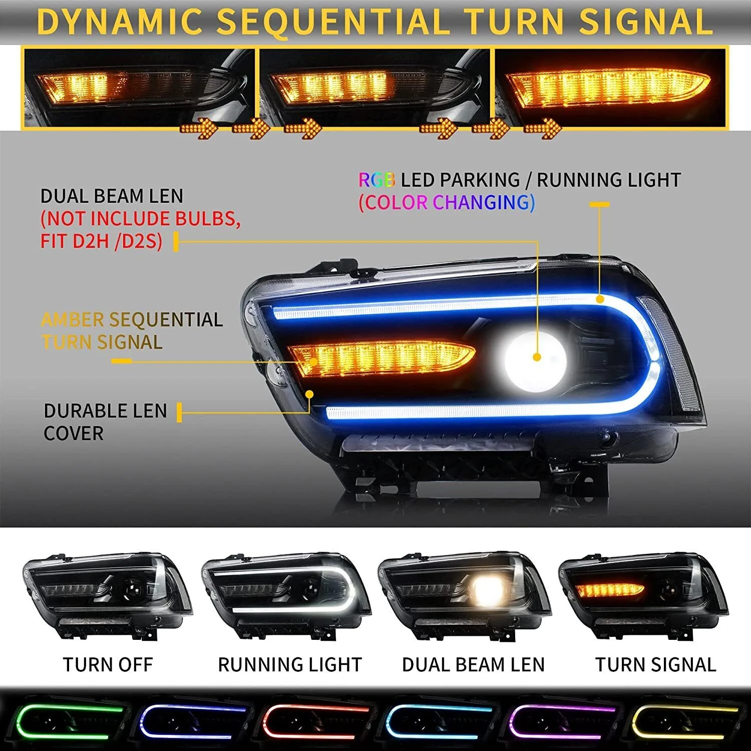 VLAND for Dodge Charger 2011 2012 2013 2014 Dual Beam Projector Headlights Replacement Assembly - Image 44