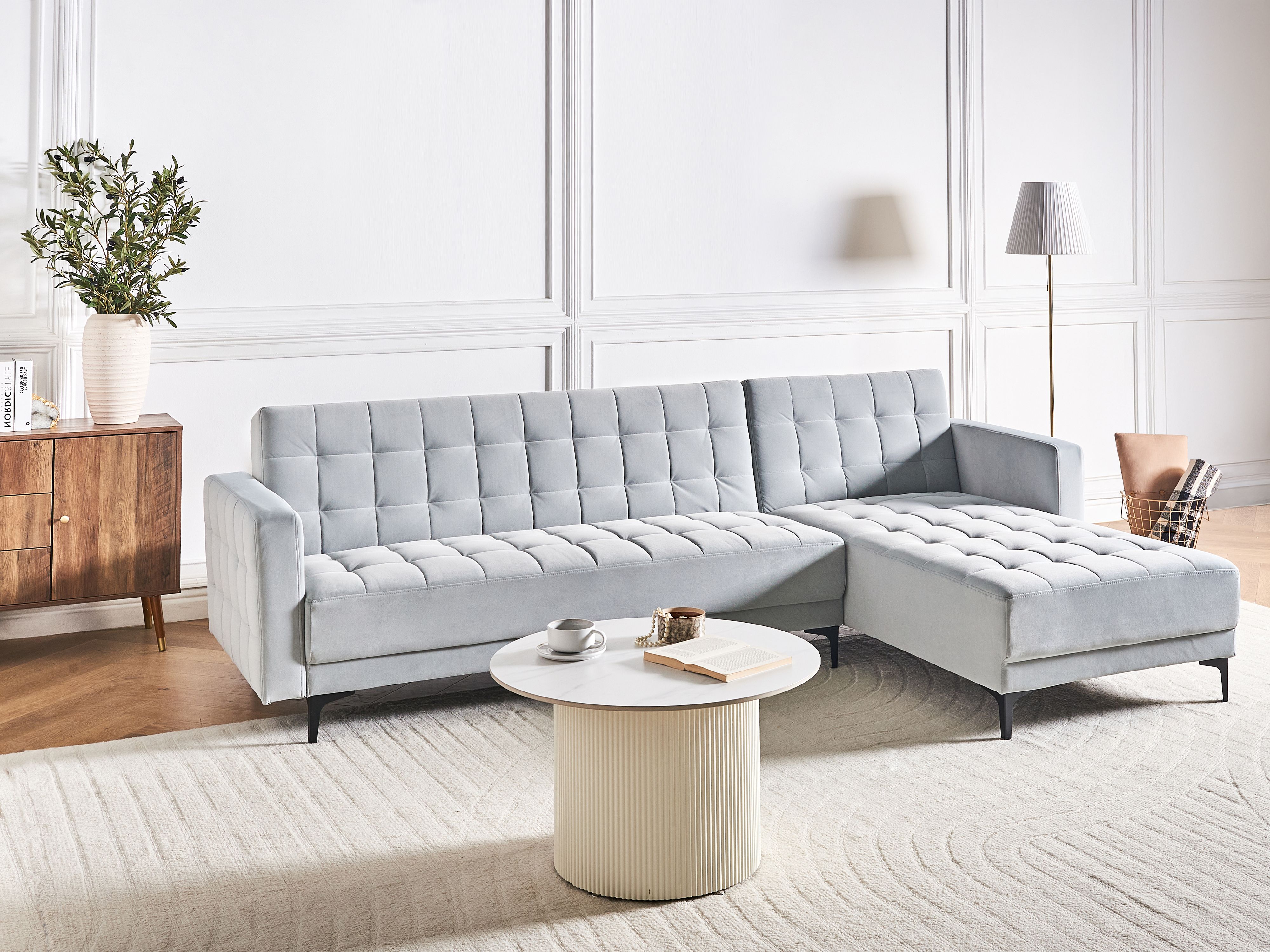 Modular Corner Sofa Bed 4 Seater ABERDEEN Velvet Light Grey Left Hand