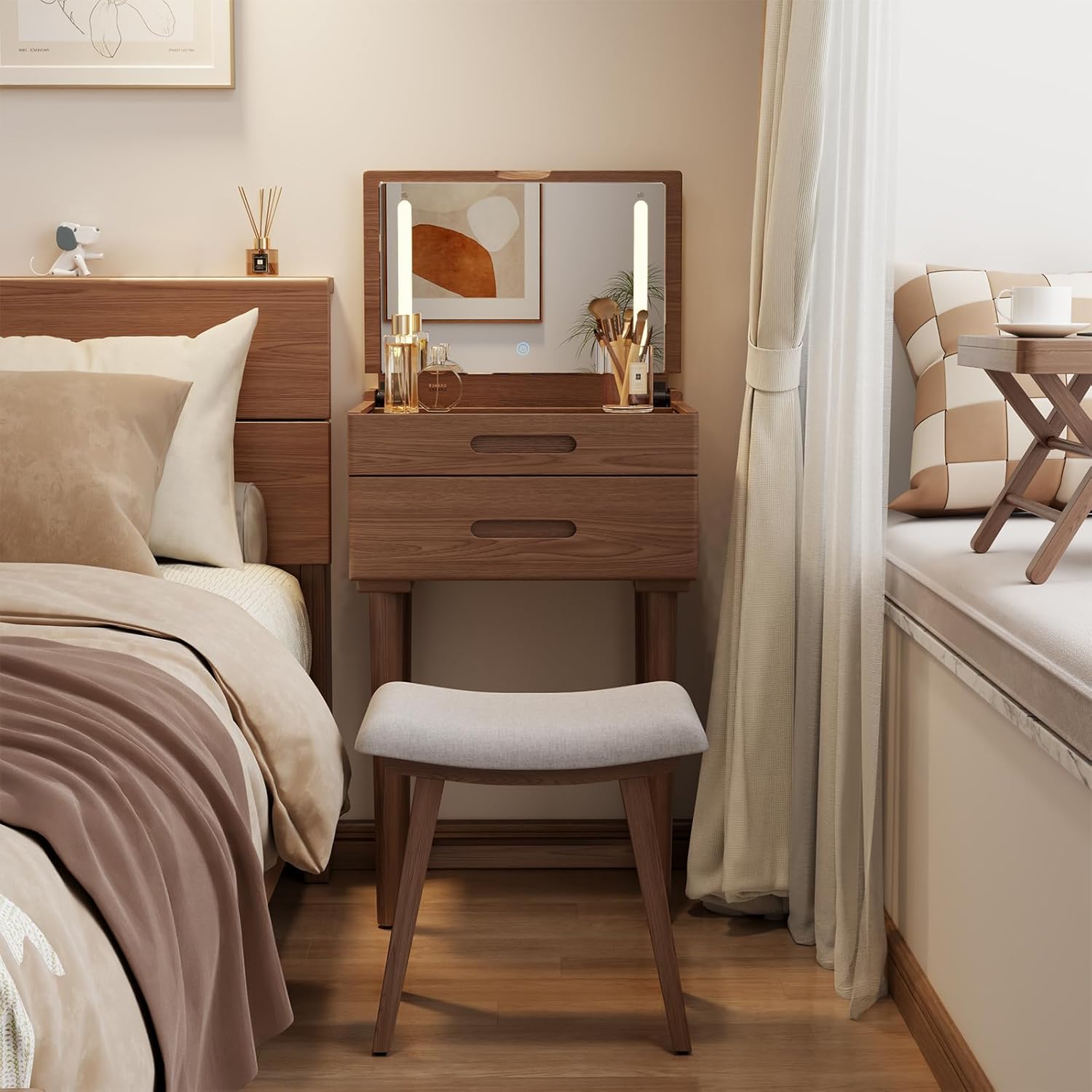 Solid Wood Small Vanity Desk with Mirror and Lights, Narrow Makeup Vanity for Small Space, Flip Top Vanity Side Table, 3 Color Modes & Adjustable Brightness, 19.6