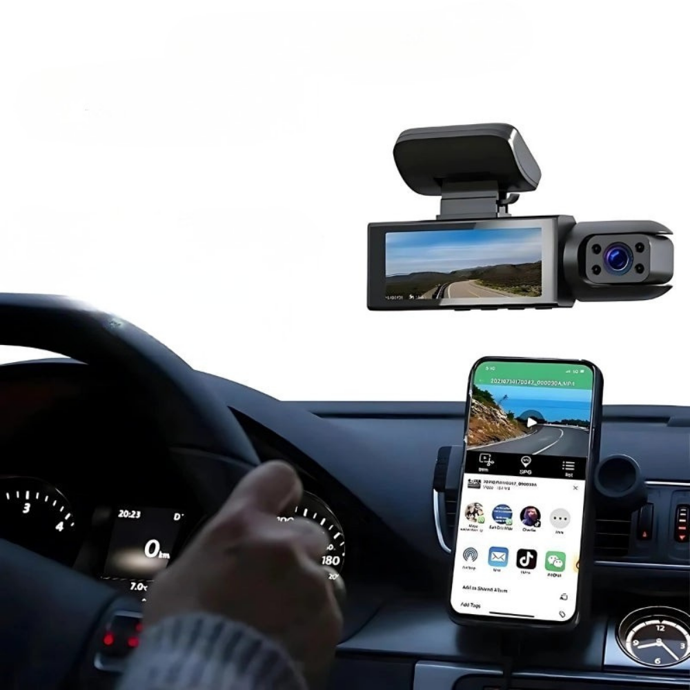 1080p Autodashcamera met Dubbele Lens en WiFi – Nachtzicht, Groothoek, Ingebouwde Microfoon en Luidspreker
