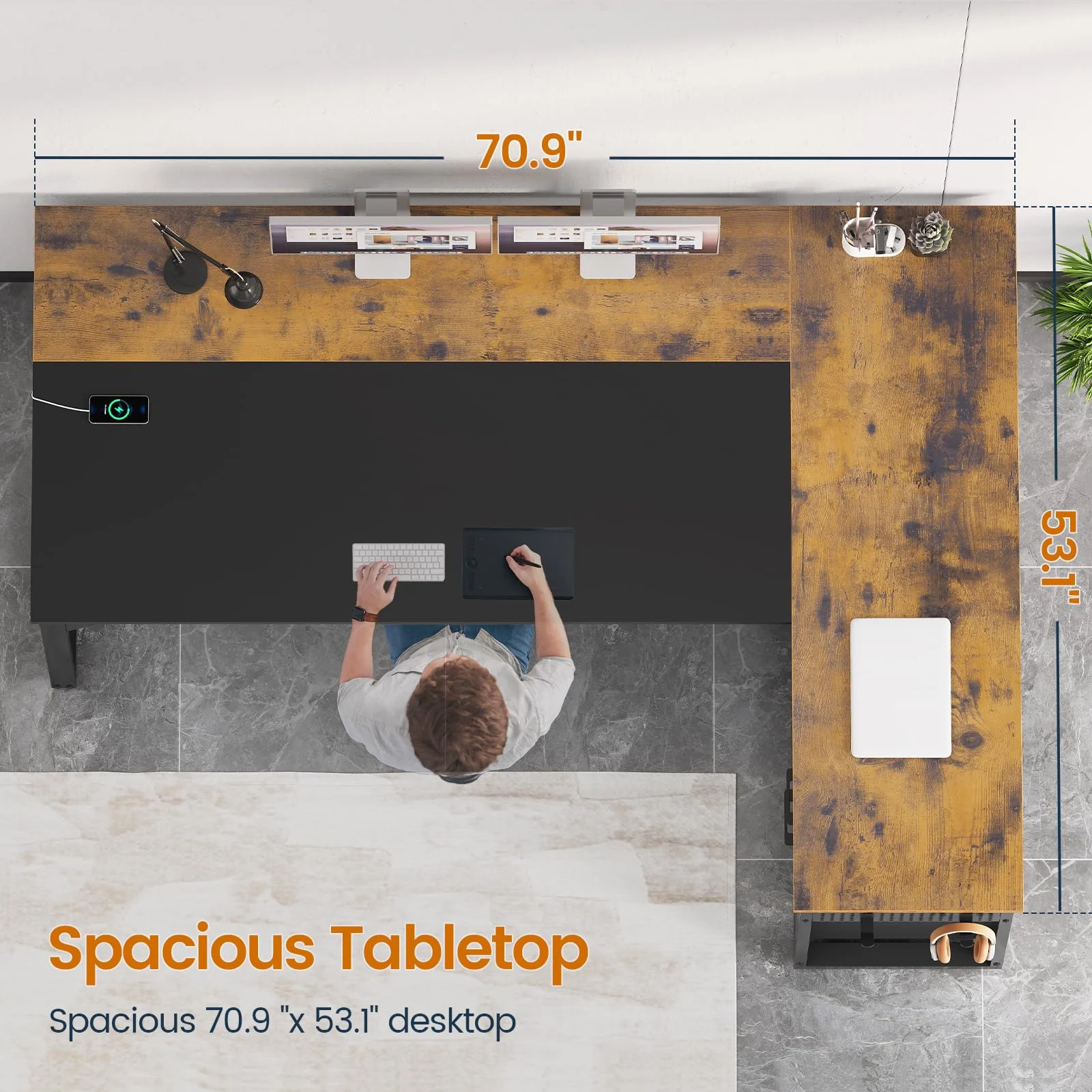 71" Executive Desk with Power Outlets, Modern L Shaped Office Desk with File Drawers and Pegboard, Large Computer Desk, Rustic Brown - Image 6