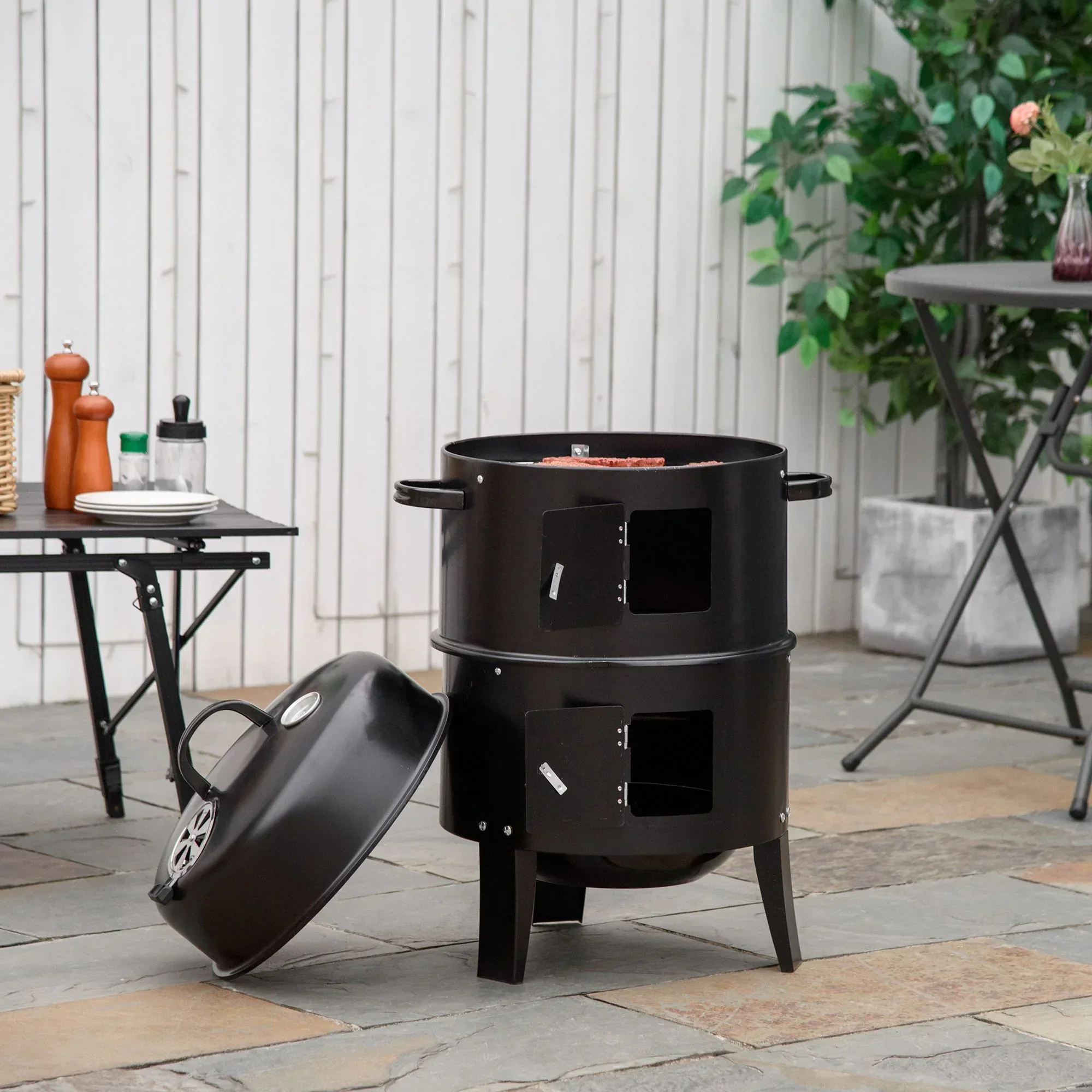 Outsunny 3-in-1 16in Round Charcoal BBQ Smoker Grill With 2 Cooking Areas And Thermometer - Black Outsunny 3-in-1 16in Round Charcoal BBQ Smoker Grill With 2 Cooking Areas And Thermometer - Black