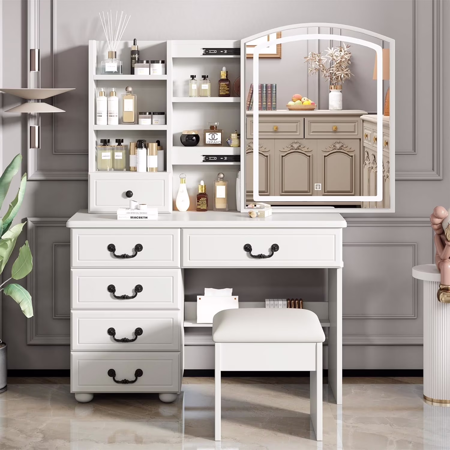 Montary Modern Mini Vanity w/Adjustable LED Mirror + Hidden Storage, Padded Stool & Dustproof Shelves (White) - Image 30