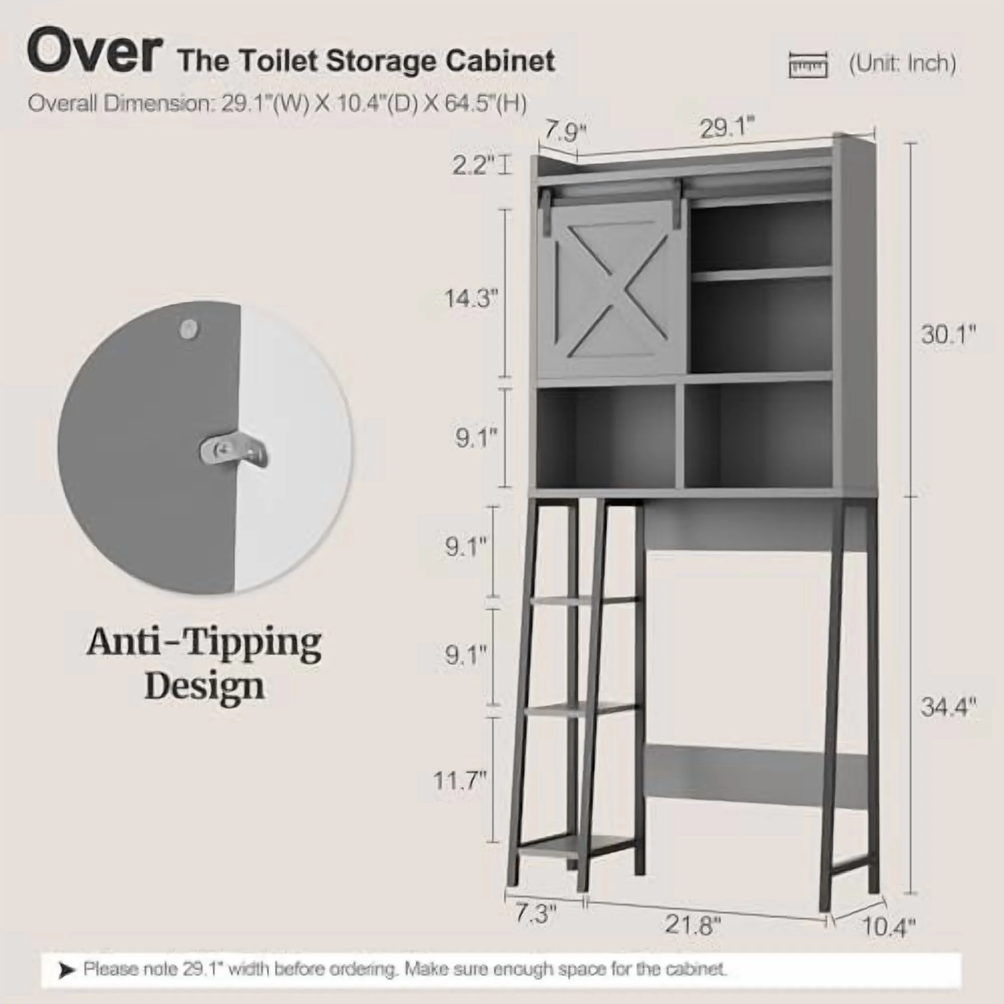 Over The Toilet Storage Cabinet, Farmhouse Storage Cabinet Over Toilet with Sliding Barn Doors, Freestanding Bathroom Organizer Shelf Space Saving, Grey