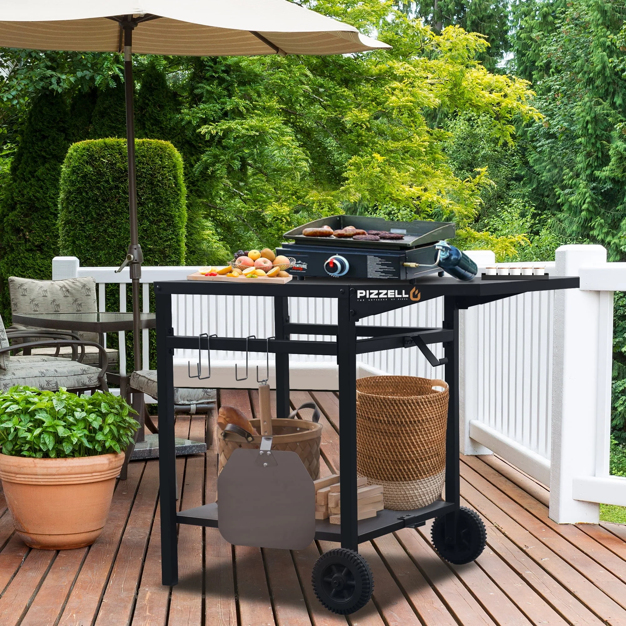 Pizzello Outdoor Grill Pizza Oven Food Prep Bbq Cart Stand Table with Storage Wheels Expandable Countertop, Black - Image 5