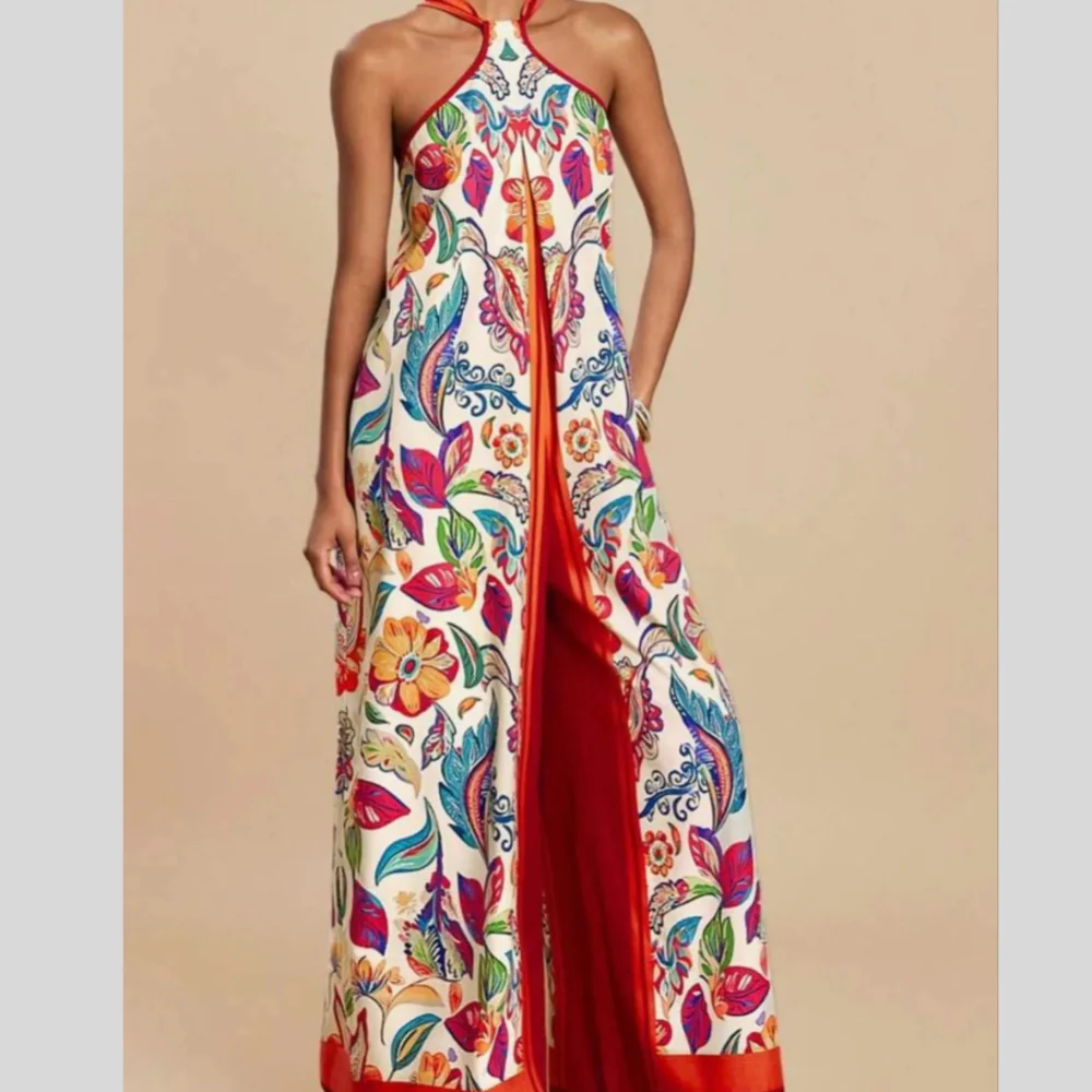 Printed Halter Wide-Leg Jumpsuit - ZKZOOK