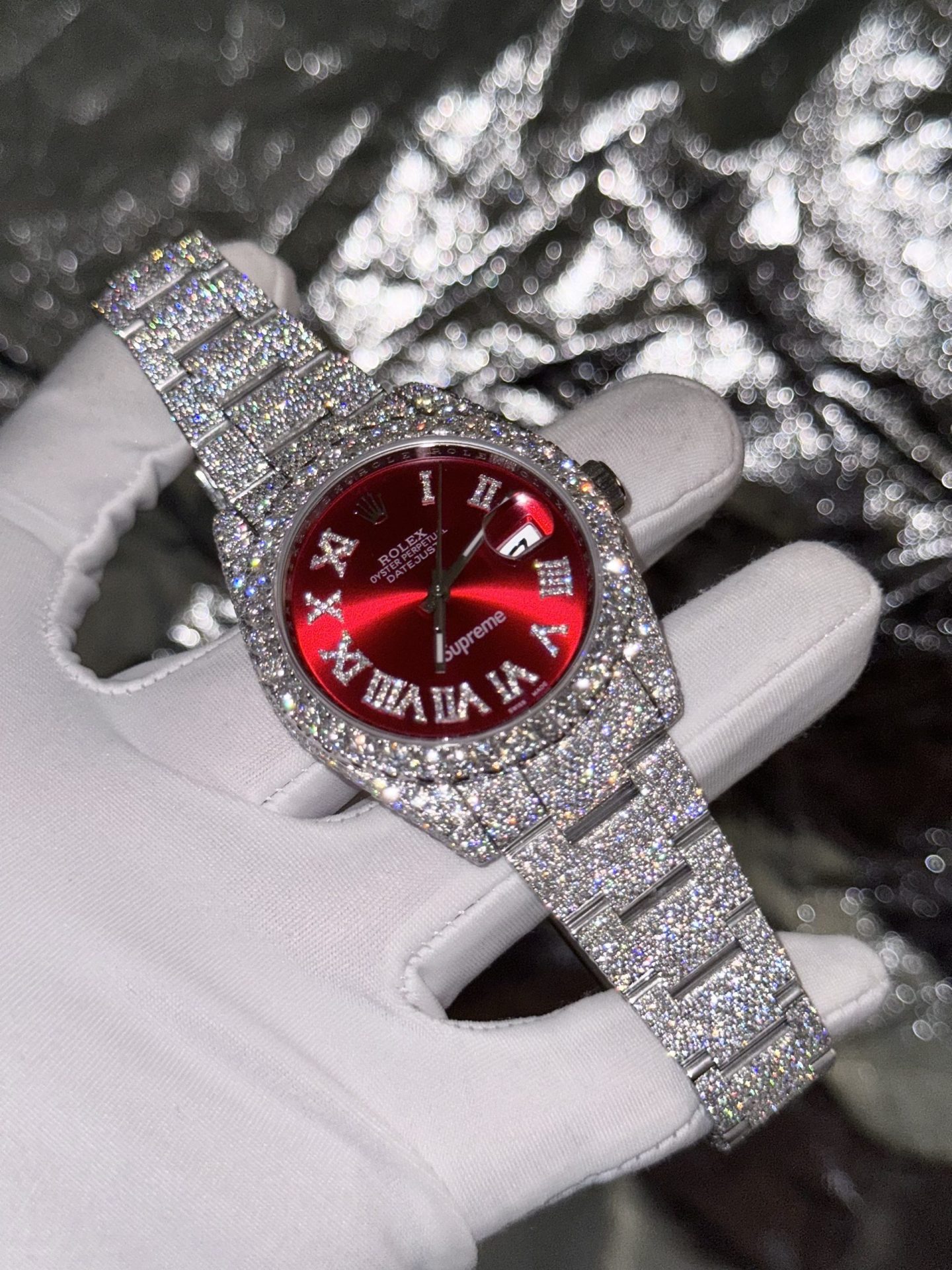 Rolex Best Replica Watch DateJust Supreme Custom Moissanite Diamonds Red Dial 41mm - Elite Watch Atelier
