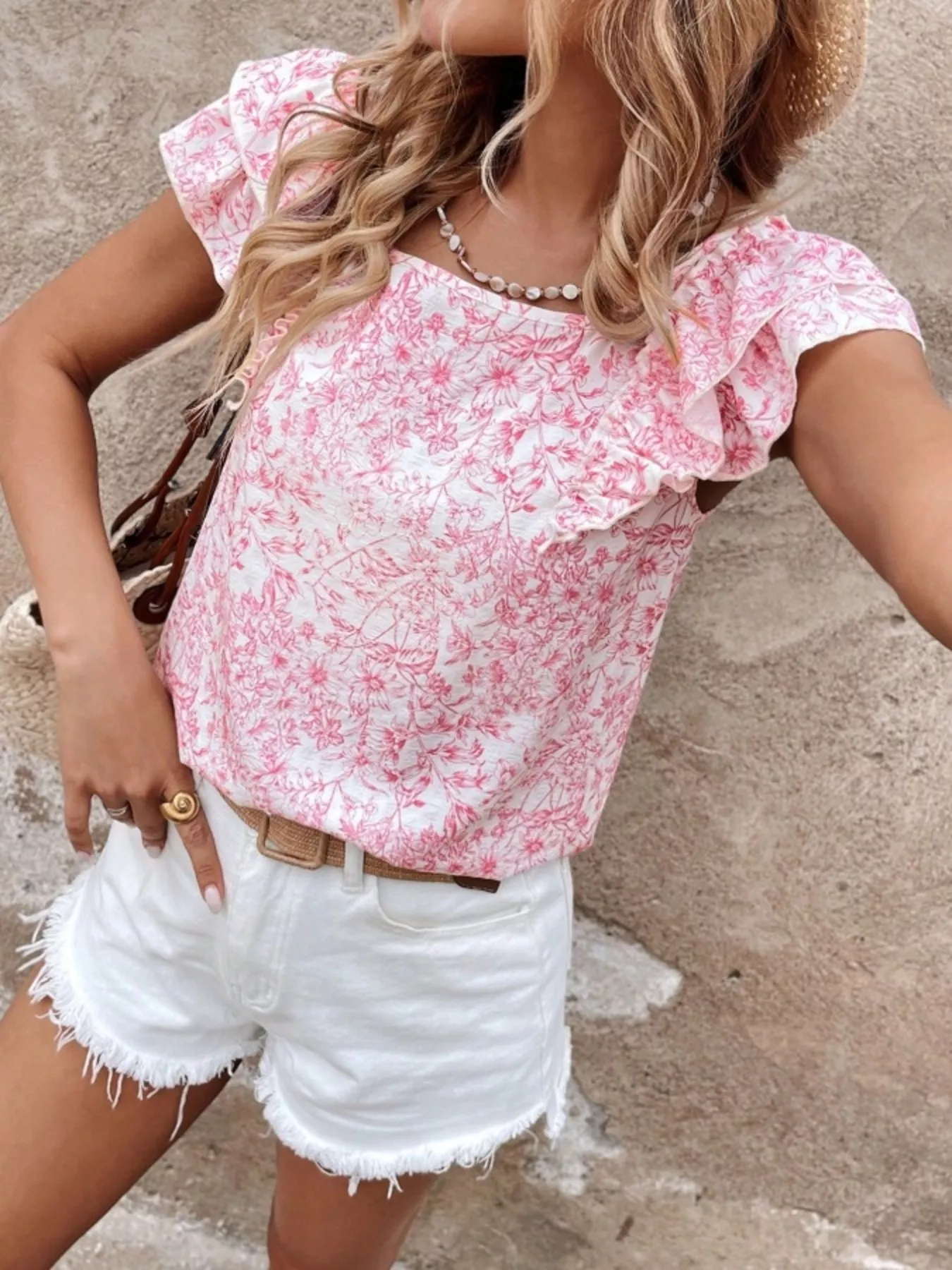 Floral Print Ruffle Trim Blouse - ZKZOOK