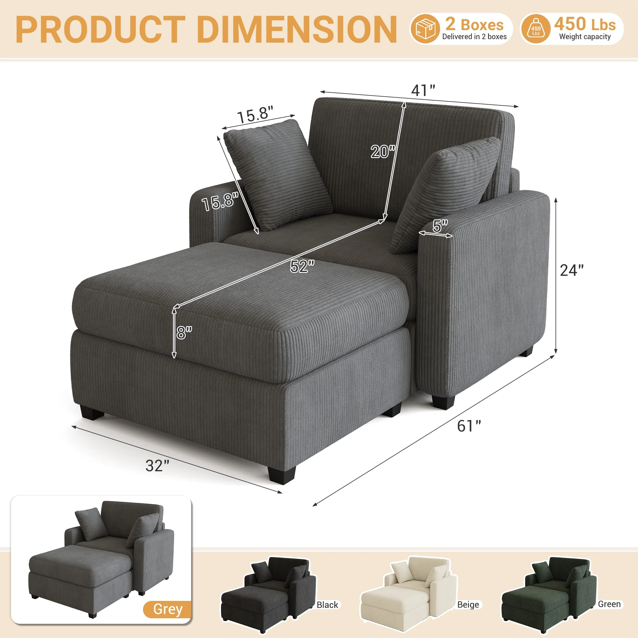 LUMIHO Chaise Lounge Chair Indoor, 42" Sleeper Chair with Two Throw Pillows and Armrests, Corduroy Chaise Couch Chair with Ottoman for Living Room, Bedroom, Apartment, Green - Image 32