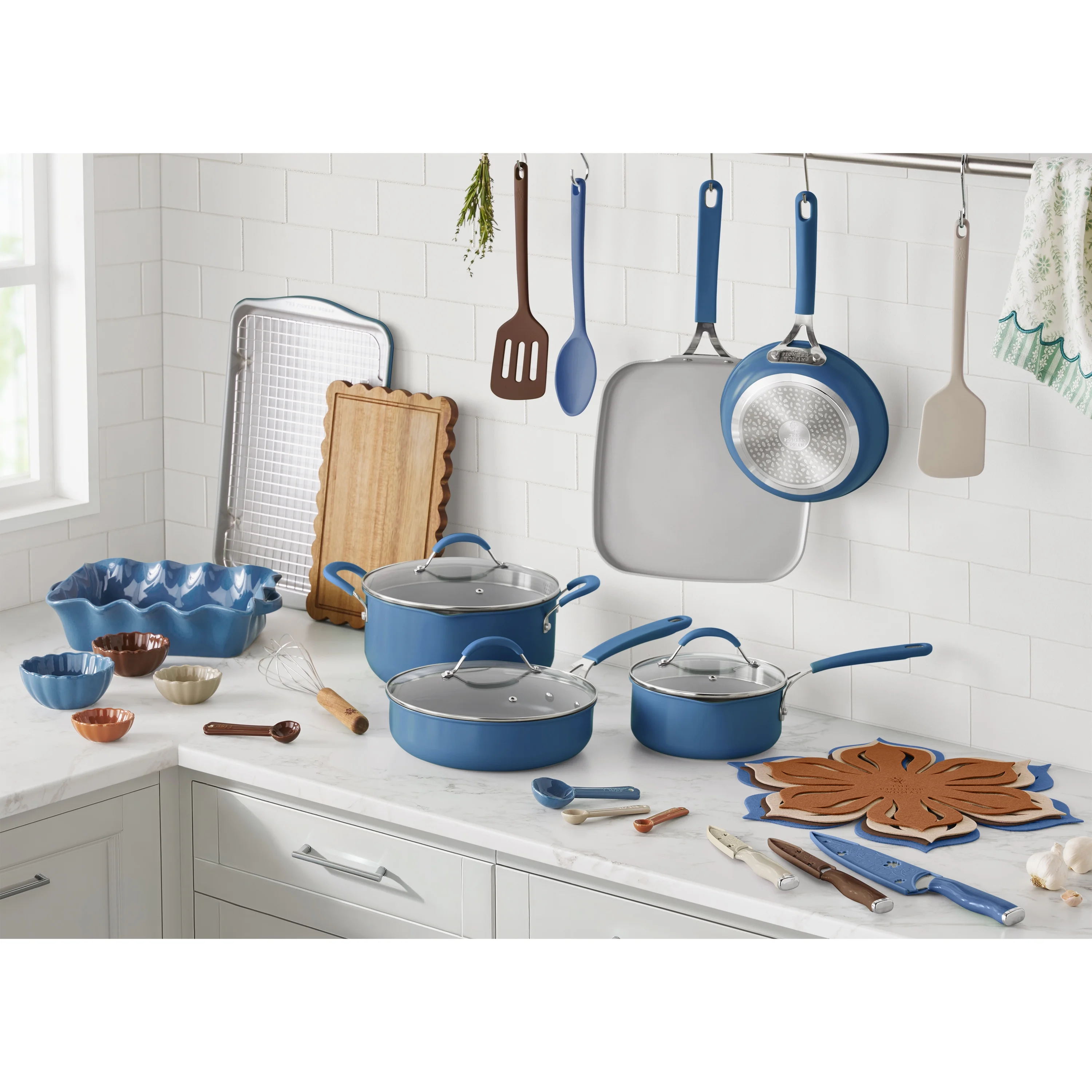 The Pioneer Woman Sutton 34-Piece Ceramic Nonstick Cookware and Bakeware Set, Blue