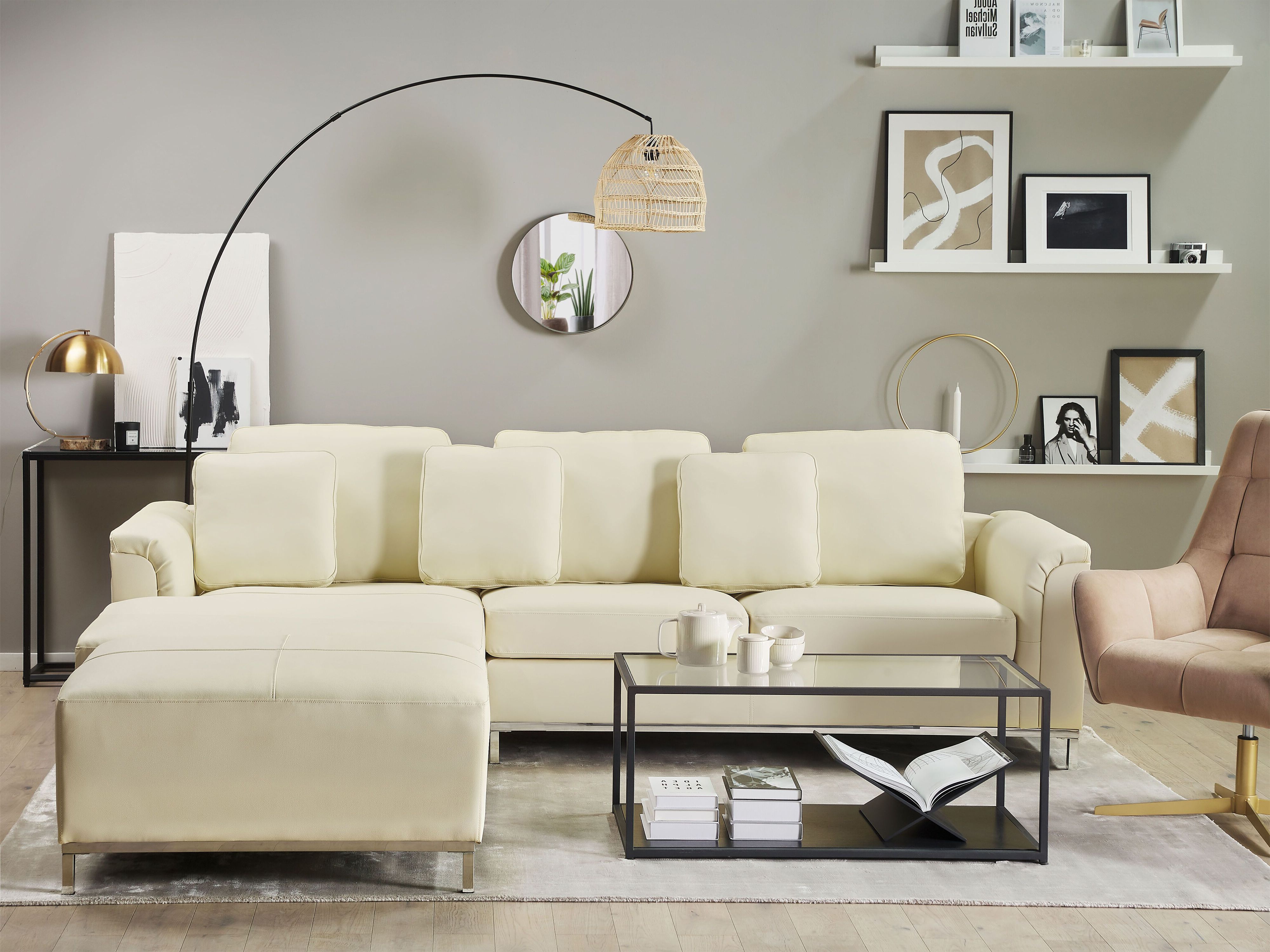 Corner Sofa 5 Seater OSLO Leather Light Beige with Ottoman Right Hand