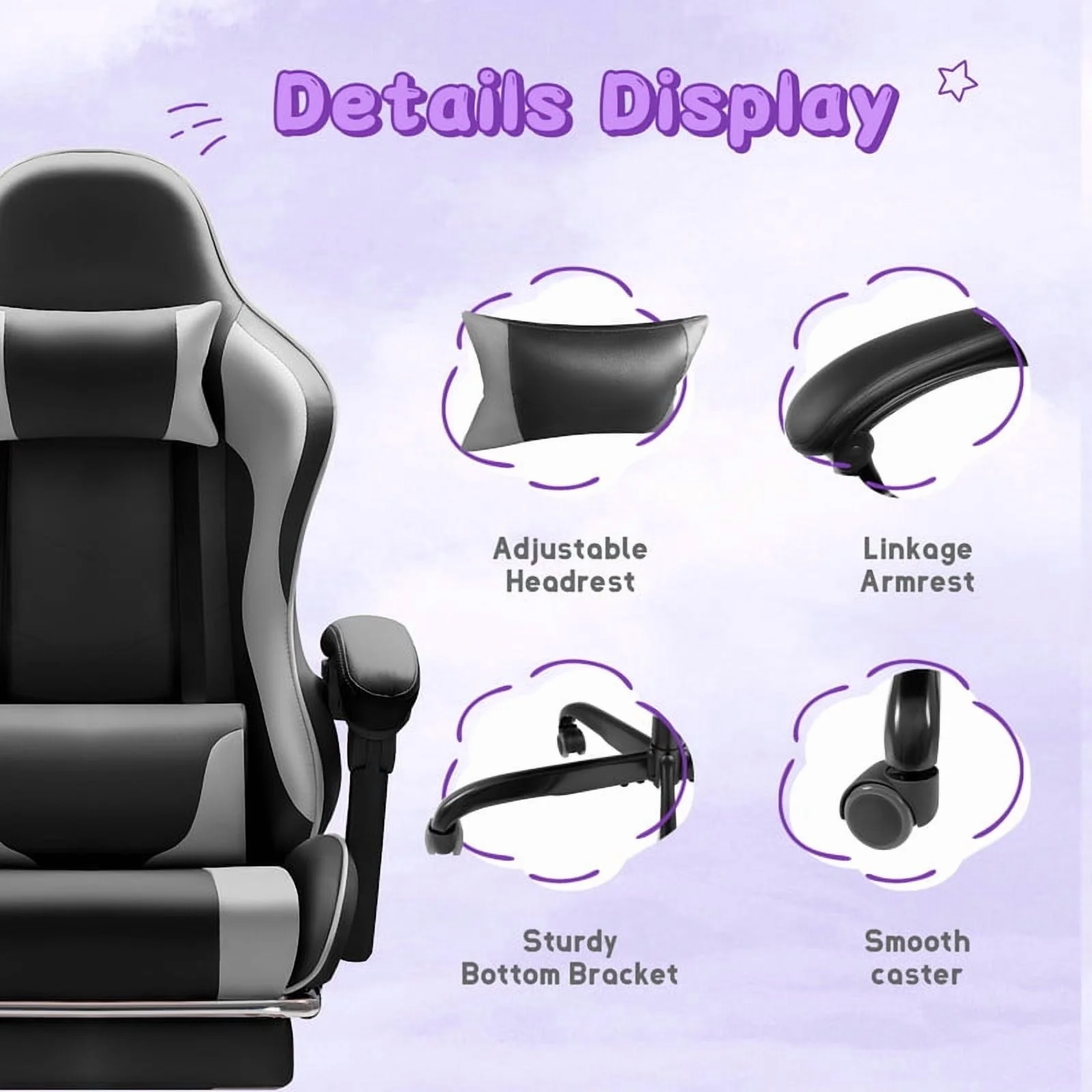Lacoo PU Leather Gaming Chair Massage Ergonomic Gamer Chair Height Adjustable Computer Chair with Footrest & Lumbar Support, White - Image 34