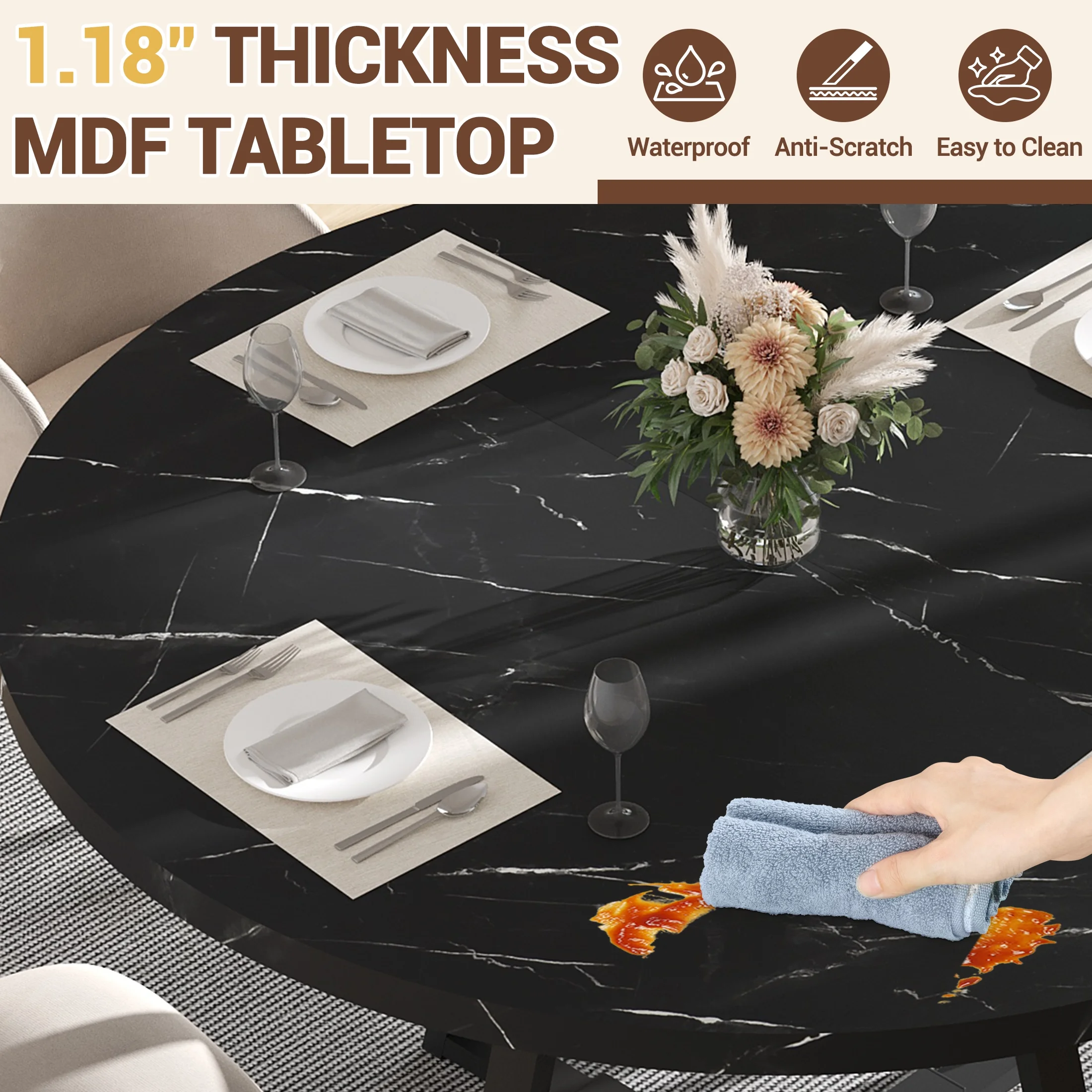 UHOMEPRO Round Dining Table for 4, Modern Faux Marble Single Kitchen Table with Storage Shelves for Kitchen, Dining Room Table with Sturdy Cross-Shaped Base Support (Chairs Not Included), Black