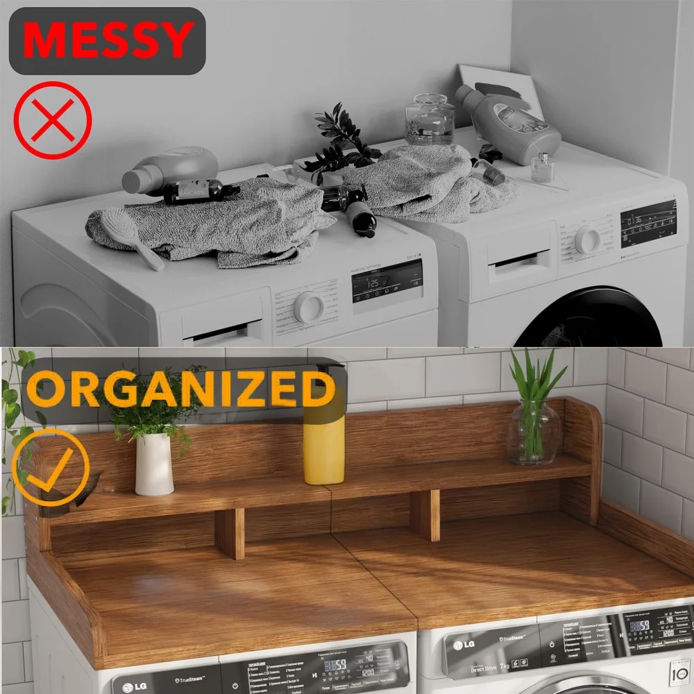 Modern Washer Dryer Countertop with 2-Tier Shelf,Laundry Room Countertop Organization Storage with 2.75" H Guard Edge Rails,Non-Slip Pad,Waterproof and Easy to Clean,54"W x 27.55"D,Natural Wood - Image 39