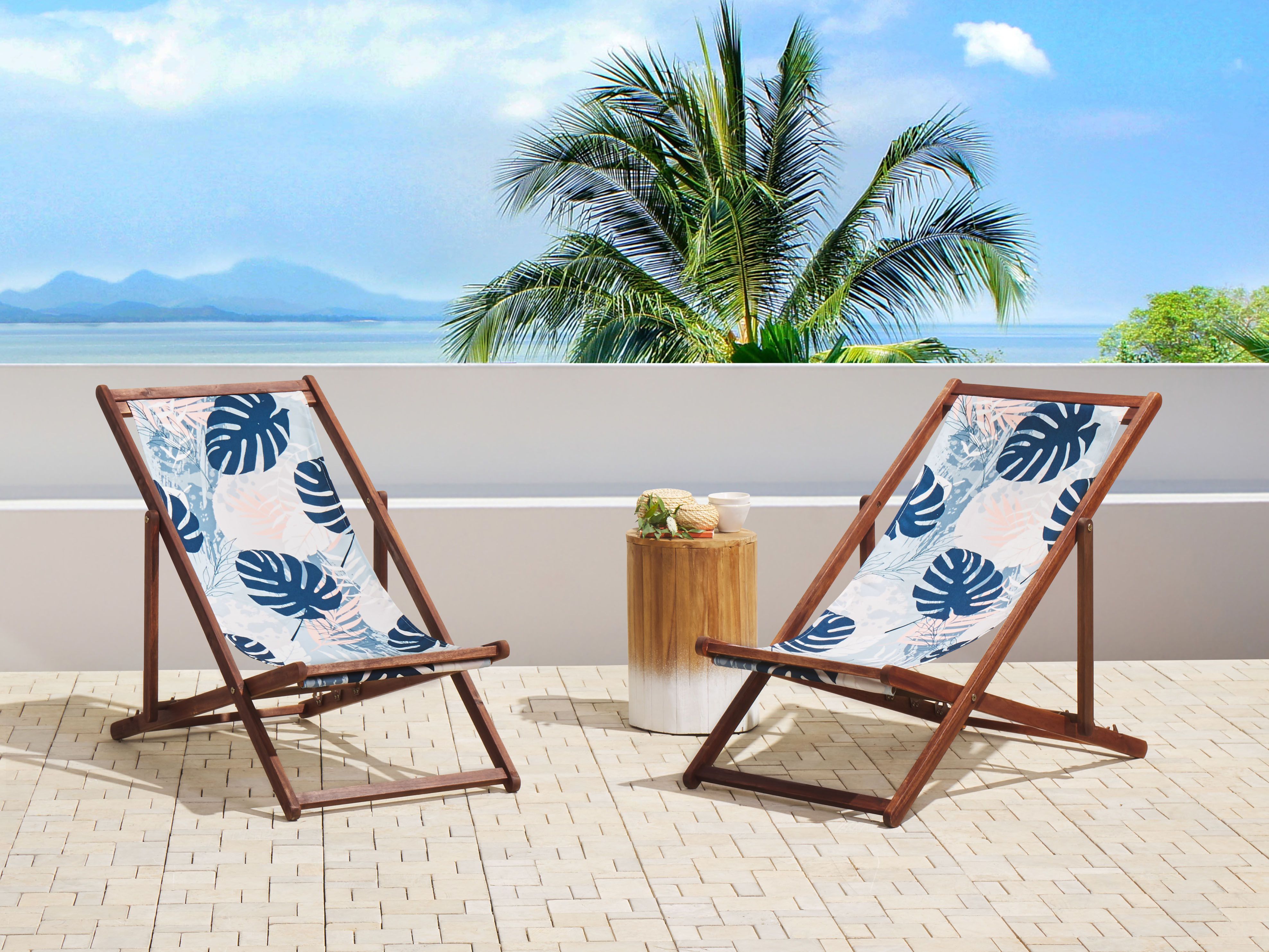 Set of 2 Folding Deck Chairs ANZIO with Replacement Fabrics Floral Motif Acacia Wood Dark Brown