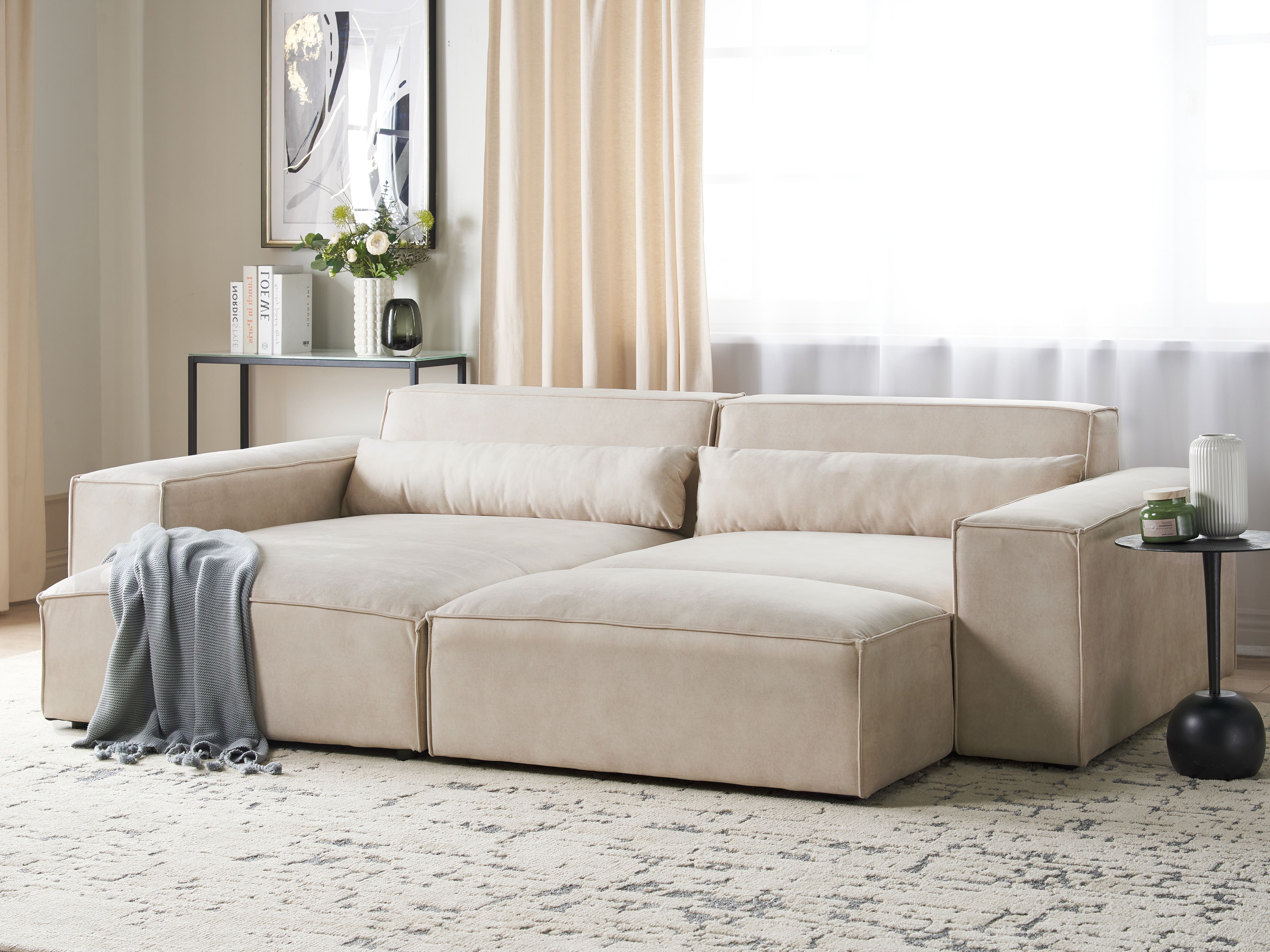 Modular Corner Sofa 3 Seater HELLNAR Velvet Light Beige with Ottoman Right Hand