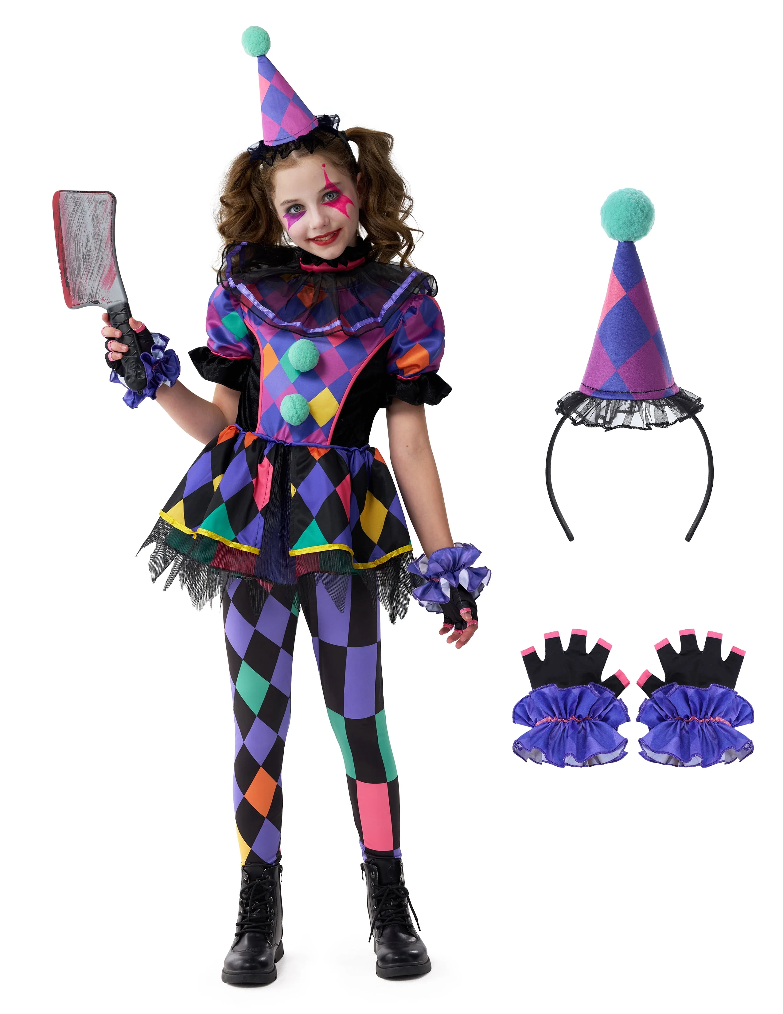 Joyfy Girls Clown Costume, Halloween Scary Clown Costume, Dark Colorful Twisted Clown Jester Dress for Girls Halloween Dress Up, Role Play, Cosplay Party - Image 2 Joyfy Girls Clown Costume, Halloween Scary Clown Costume, Dark Colorful Twisted Clown Jester Dress for Girls Halloween Dress Up, Role Play, Cosplay Party - Image 2