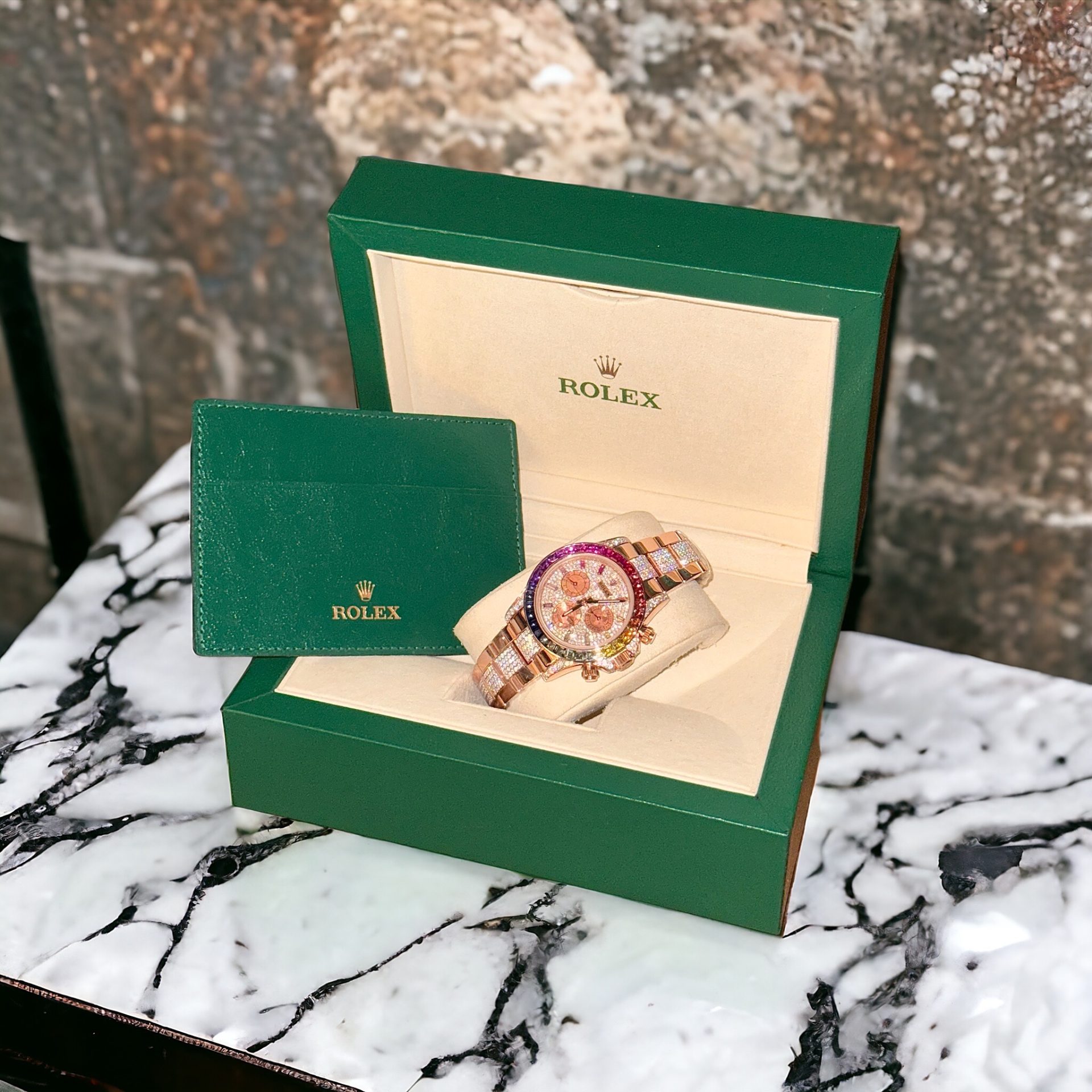 Rolex Daytona Rainbow Replica Watch Gold Wrapped + Ruby + Moissanite Diamonds 40mm - Top club