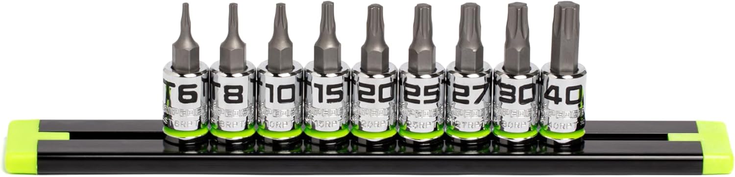GRIPEDGE Tools | 9PC RPT Star Driver Set | Sizes T6 - T40 | 1/4'' Drive | Made With S2 Steel | Includes Premium Aluminum Socket Rail |