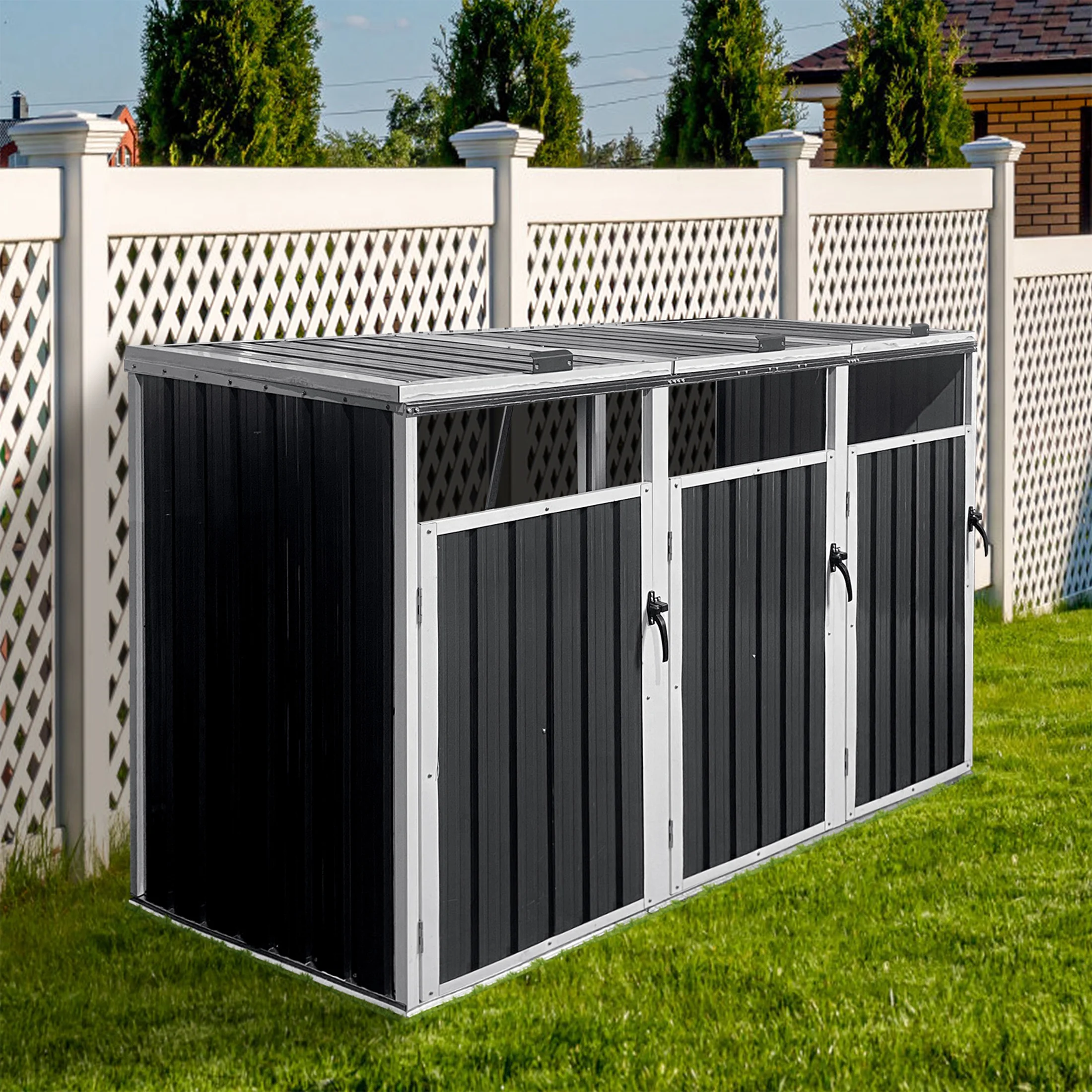 Aukfa 7.3' W Outdoor Garbage Bin Storage, Metal Storage Shed for 3 Trash Cans Tools, Waterproof Trash Can Storage - Image 2