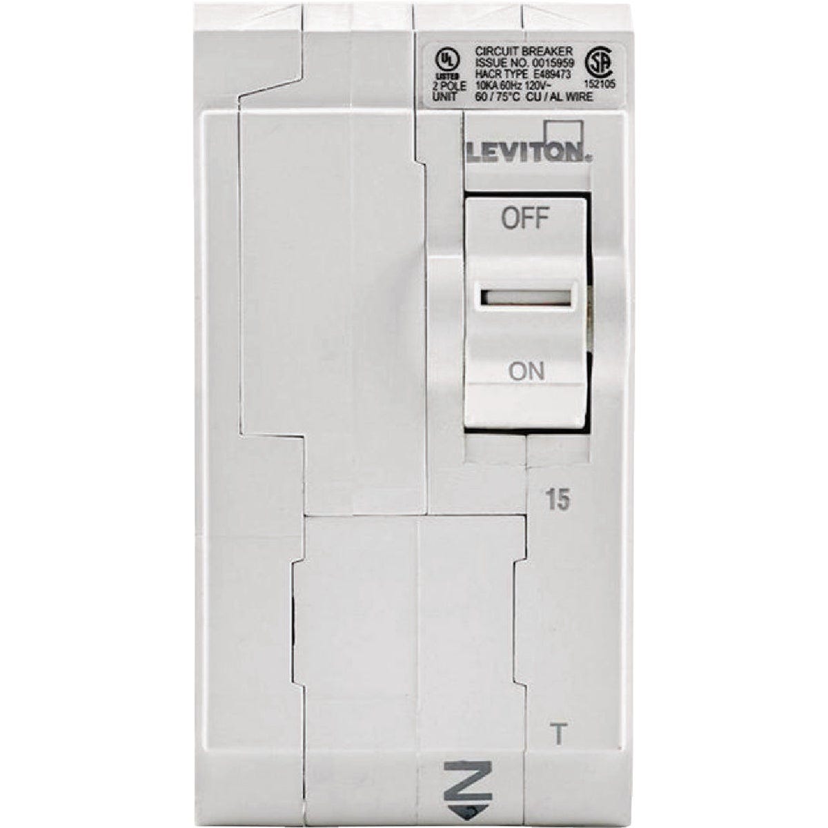 Leviton 15A Double-Pole Plug-On Standard Branch Thermal Magnetic Trip Circuit Breaker