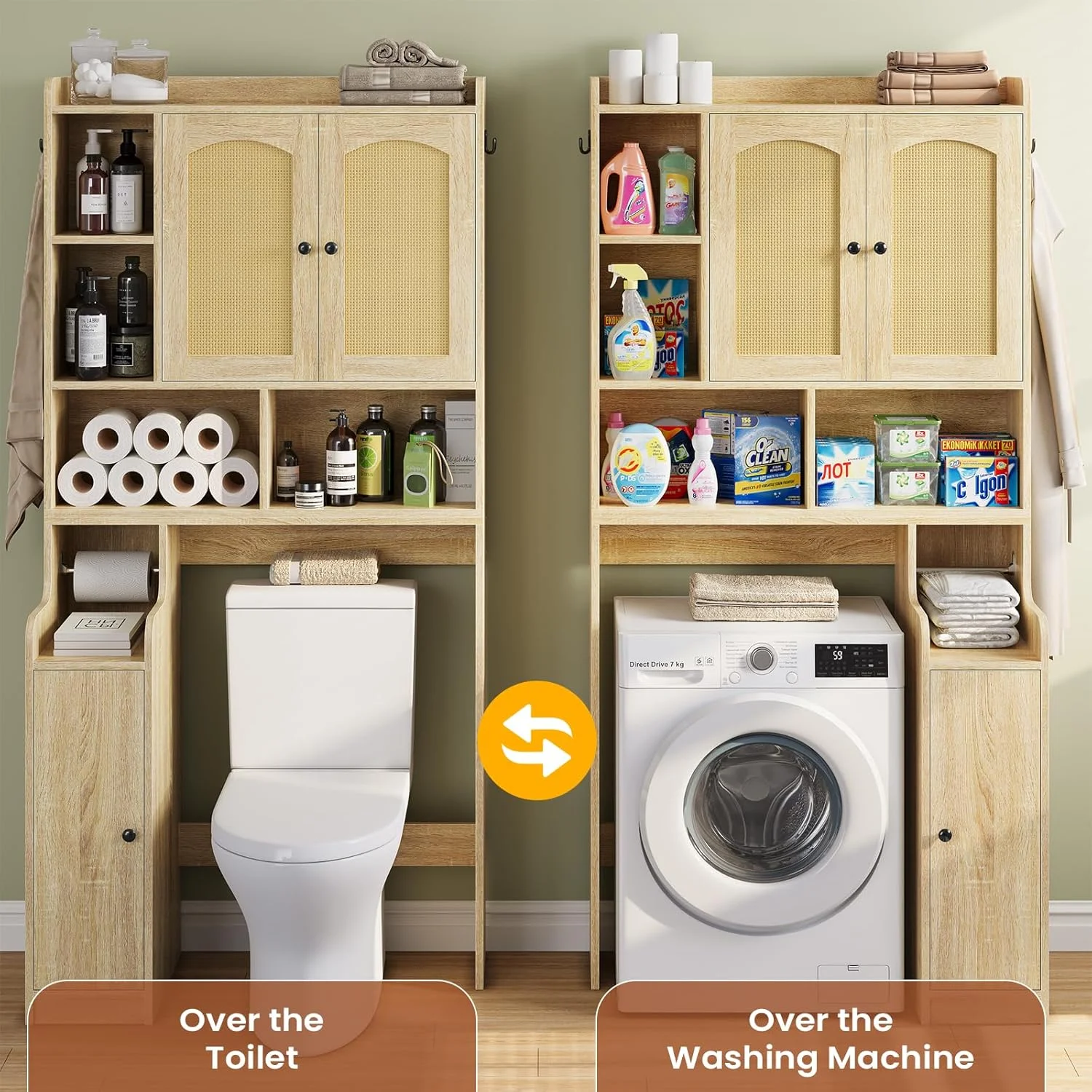 Over The Toilet Storage Cabinet with 3 Doors, Farmhouse Space Saver for Bathroom Organizer with Paper Holder, 10 Shelves and Hooks, 7-Tier Over Washing Machine Cabinet for Laundry, Bathroom, Natural - Image 8