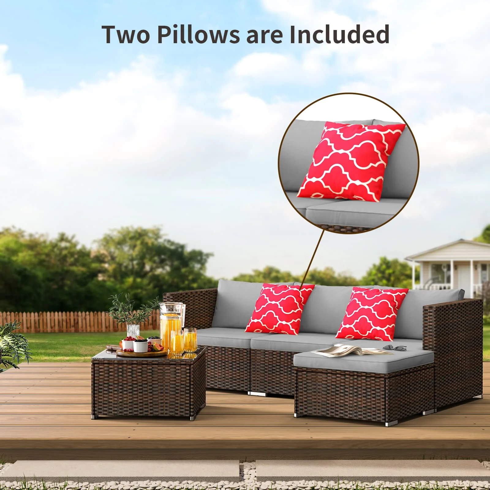 Patio Furniture Set Clearance, Lofka 5 Pieces Patio Conversation Set with Sofas and Tempered Glass Coffee Table for Outdoor Garden Gray - Image 12
