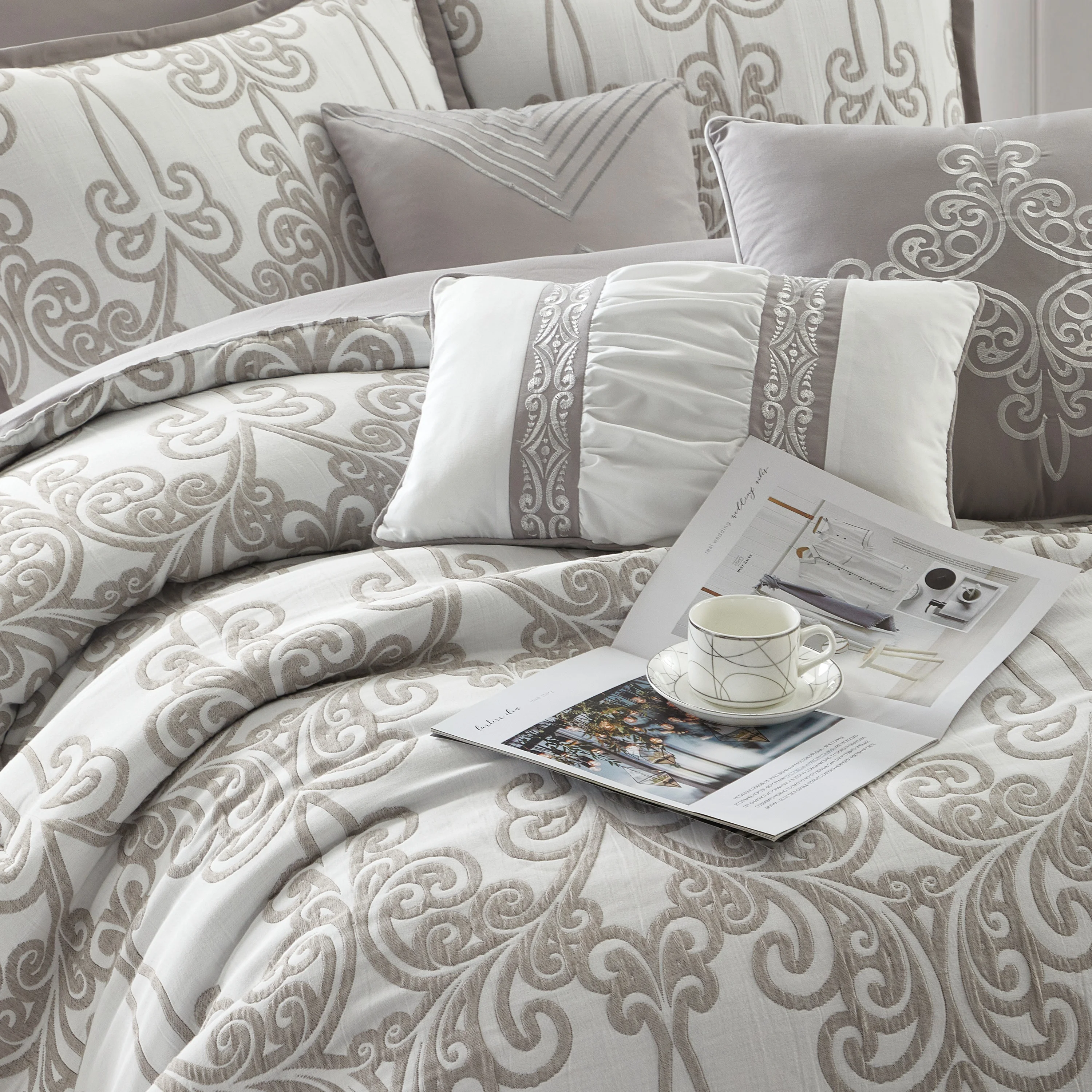 Lanco Smoke Grey Comforter Set California King Size, 9 Piece Jacquard Floral Bedding Set, All Season, Ultra-Soft, Matching Pillows & Shams, Bed Skirt - Image 4