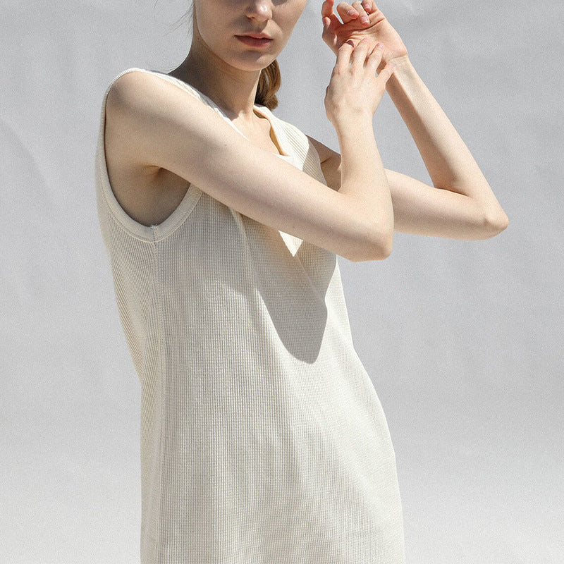 Sleeveless Dress French Waffle Texture Skin Friendly Vest Dress Simple Thin A line Maxi Dress Women Clothing - AZJHJ