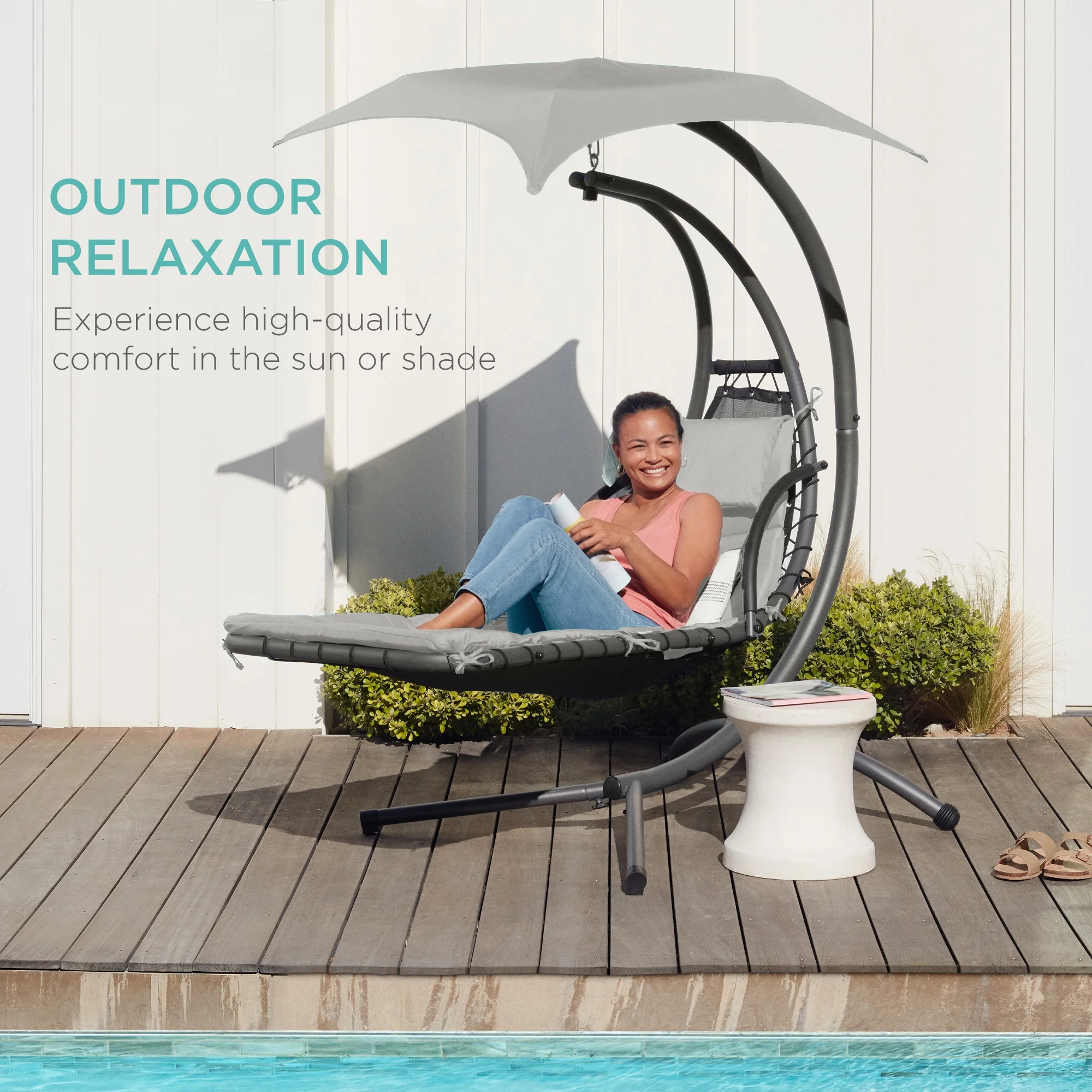 Best Choice Products Hanging Curved Chaise Lounge Chair Swing for Backyard, Patio w/ Pillow, Shade, Stand - Teal - Image 141