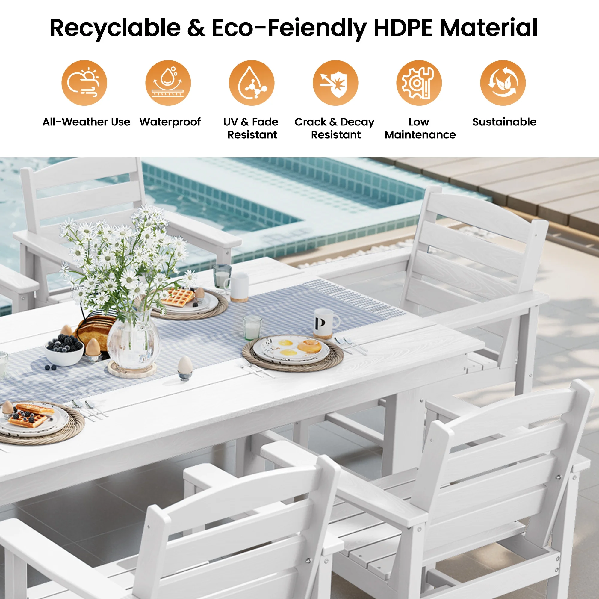 KINGYES 7-Piece Outdoor Dining Set, HDPE Patio Table and Chairs with Umbrella Hole, Gray - Image 60