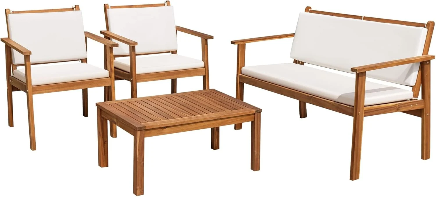 Flamaker 4-Piece Outdoor Acacia Wood Patio Conversation Sofa Set With Table And Cushions