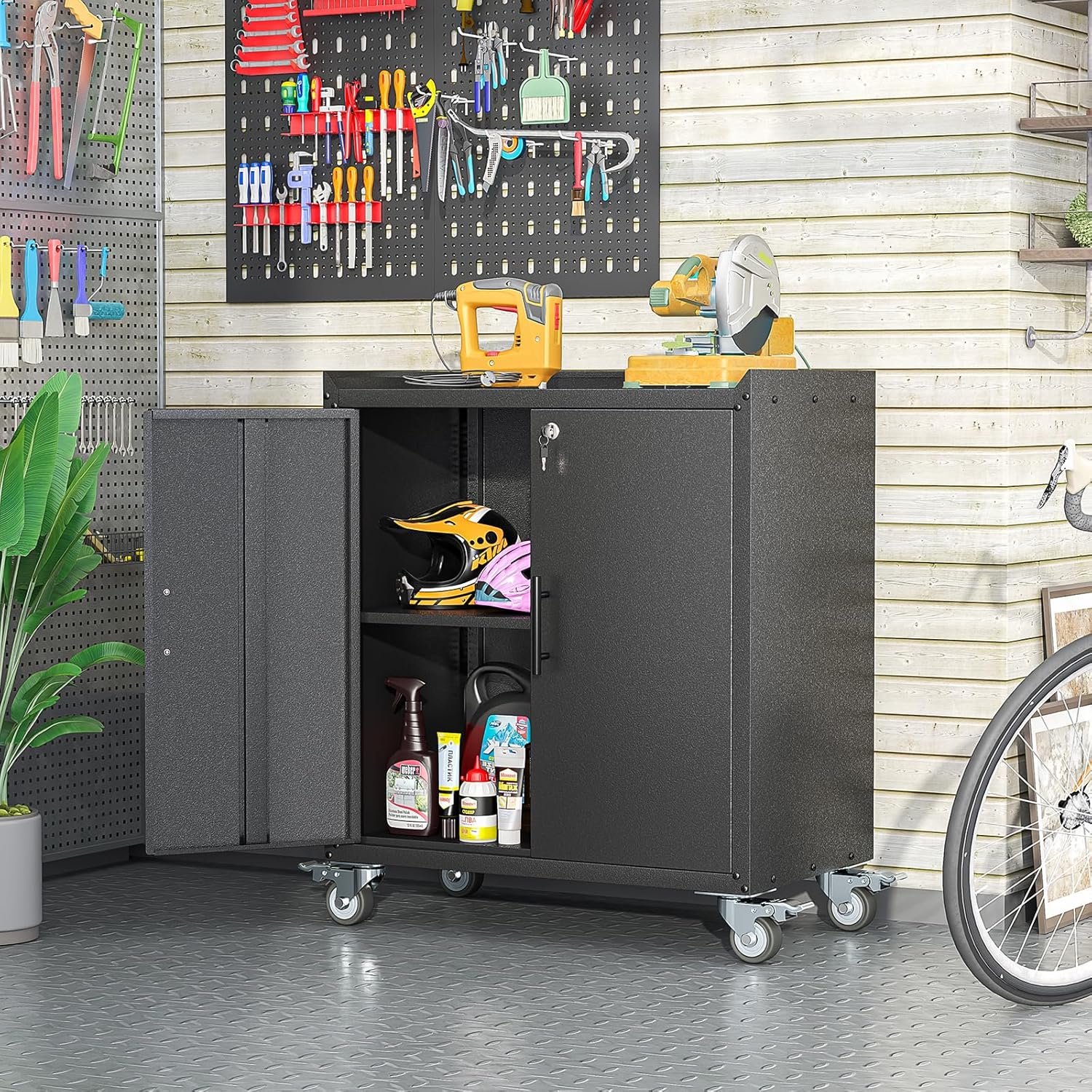 Metal Garage Storage Cabinet with Wheels, Tall Locking Cabinet with Doors and Shelves, Tool Storage Cabinets for Garage, Home Office (Black,35.6
